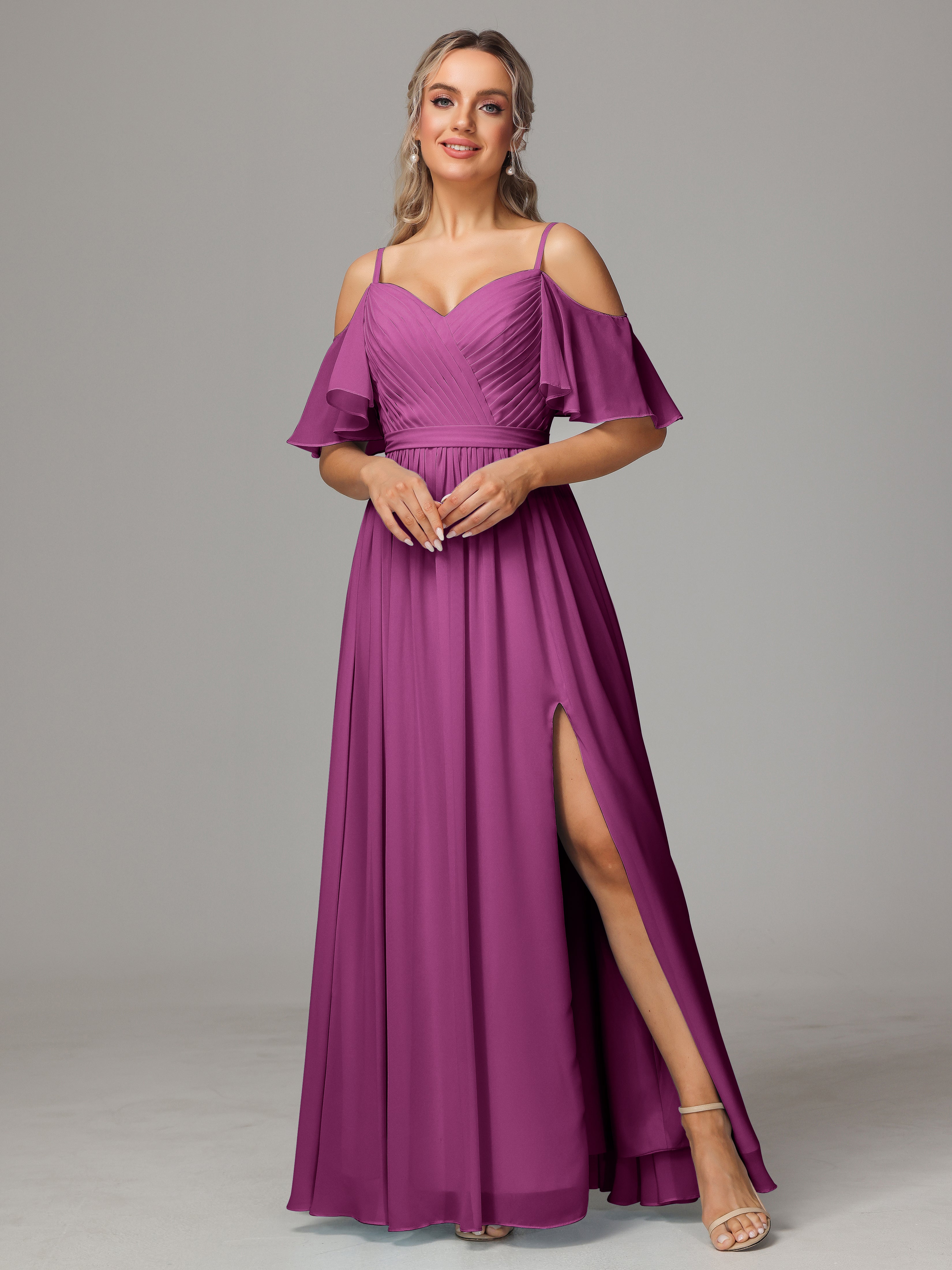 Robes De Demoiselle D'Honneur Orchidée Avec Plissé Fendue Trapèze Mousseline Longue