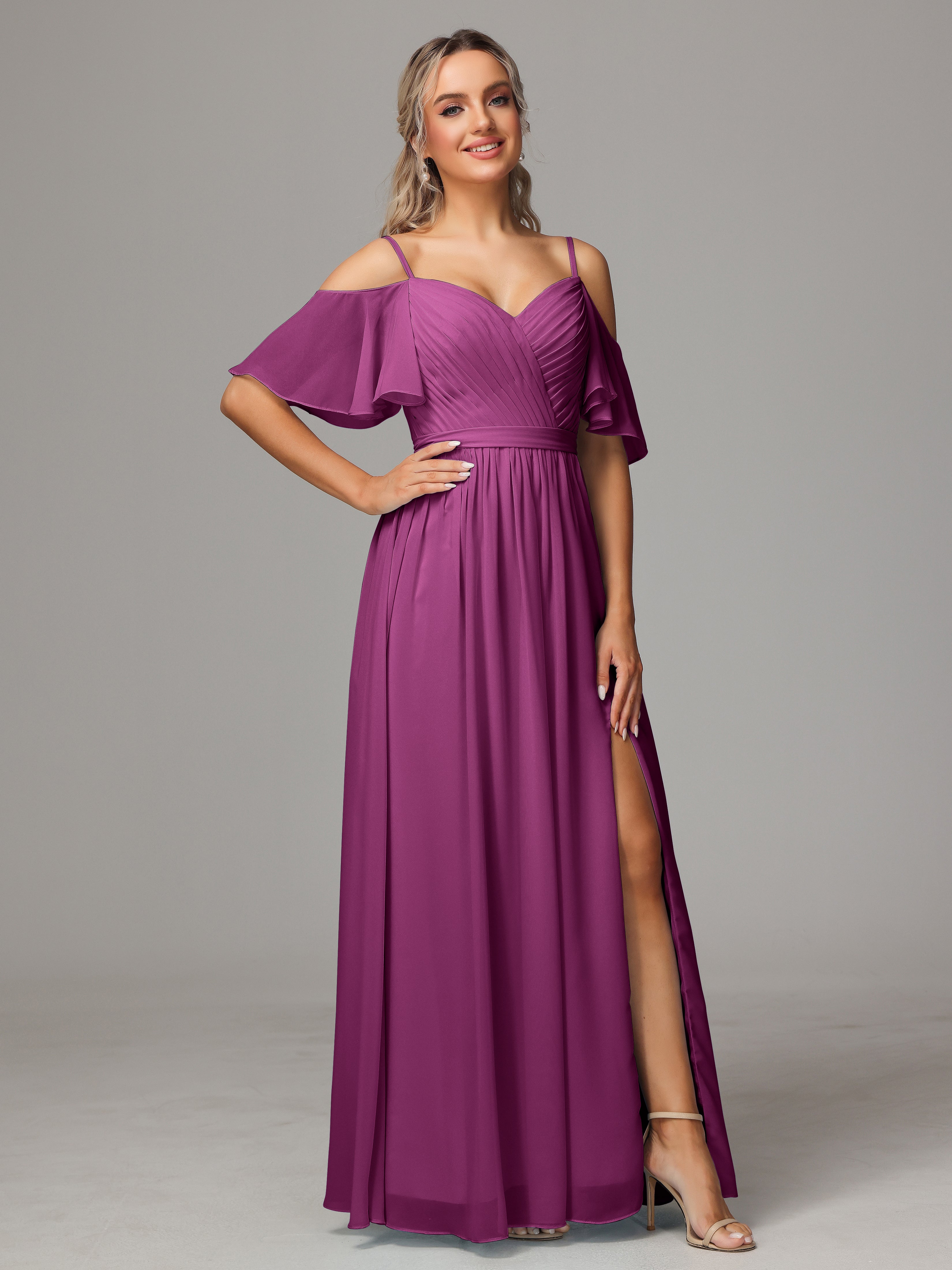 Robes De Demoiselle D'Honneur Orchidée Avec Plissé Fendue Trapèze Mousseline Longue