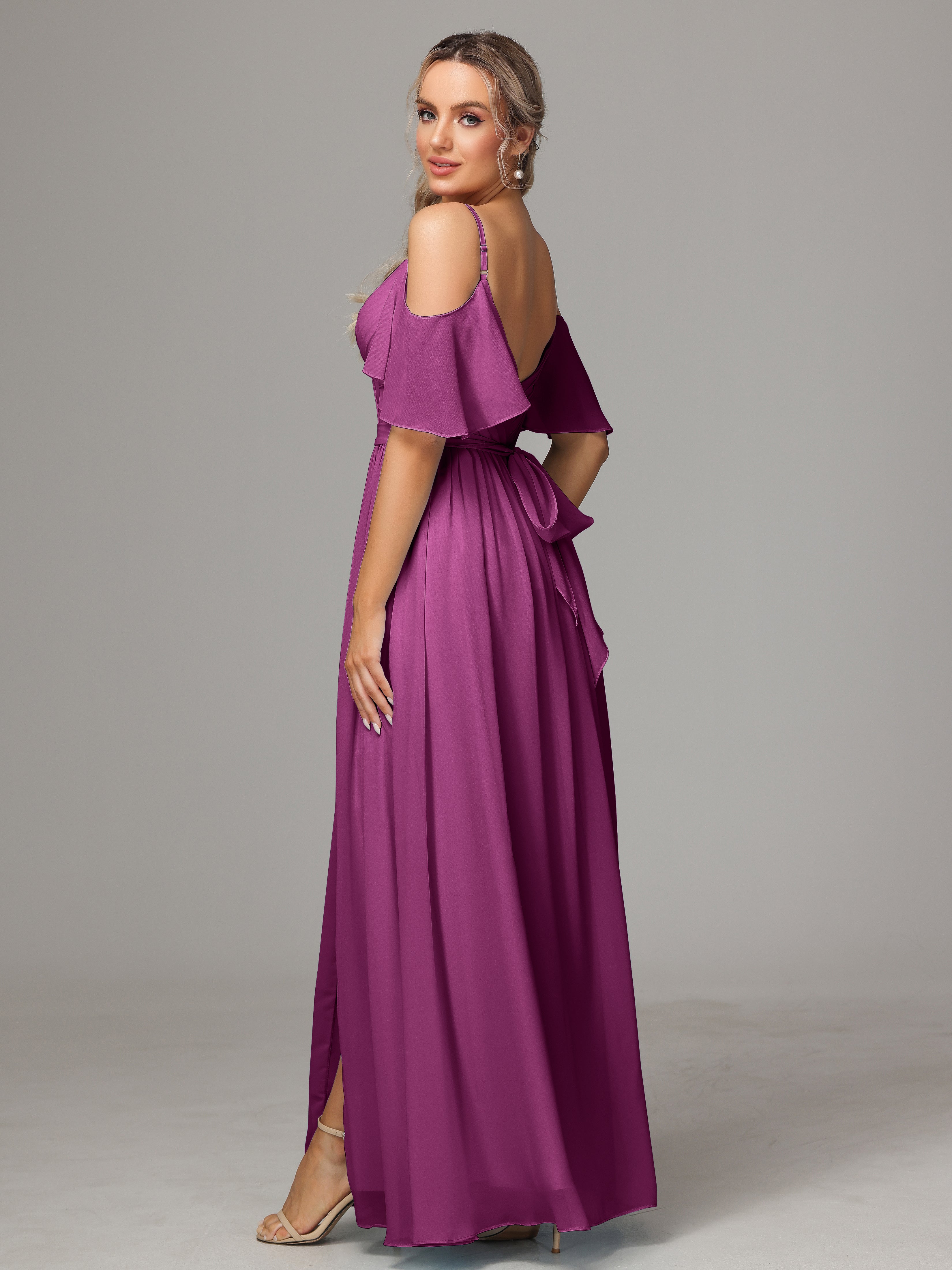 Robes De Demoiselle D'Honneur Orchidée Avec Plissé Fendue Trapèze Mousseline Longue
