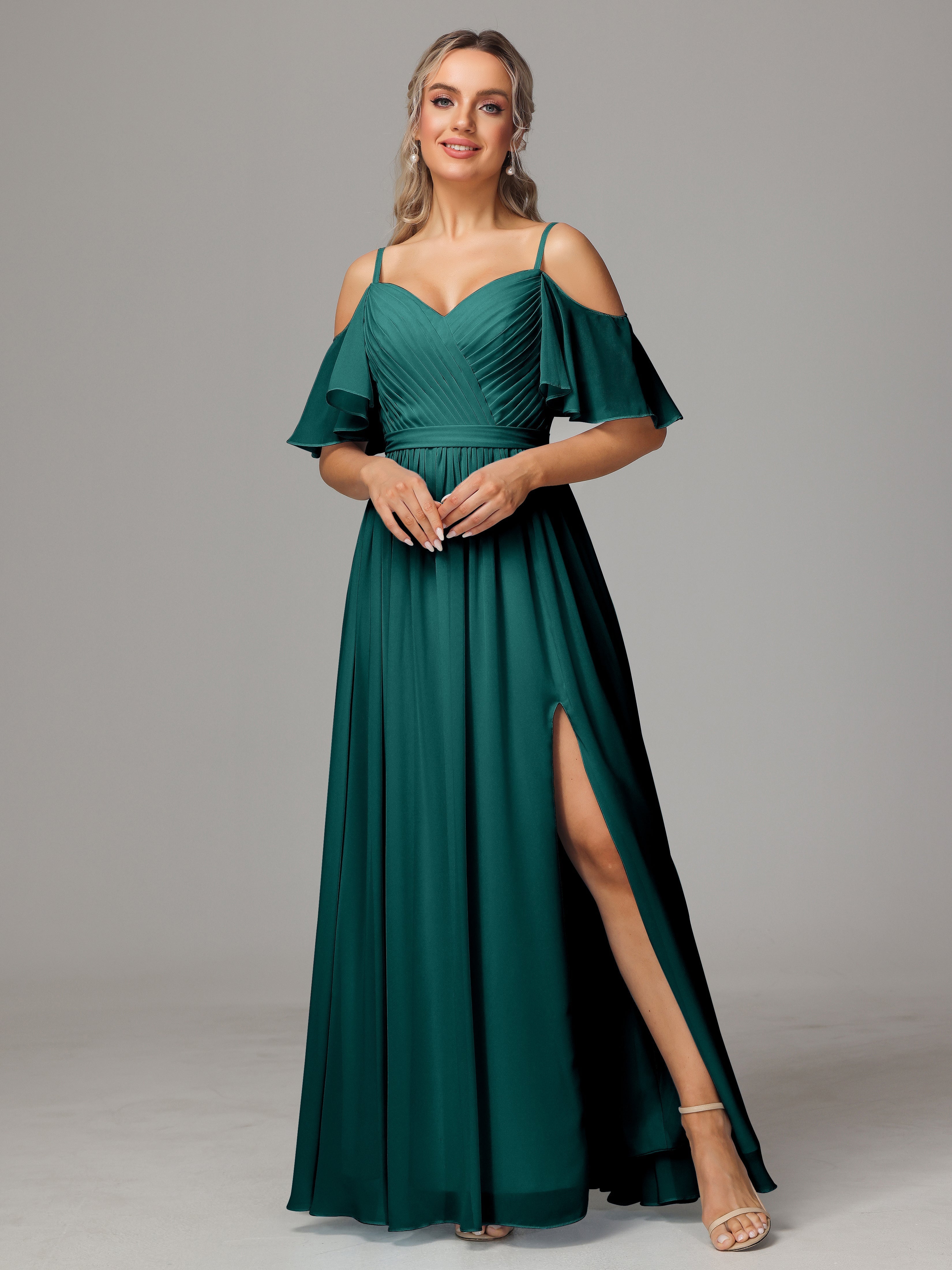 Robes De Demoiselle D'Honneur Paon Avec Plissé Fendue Trapèze Mousseline Longue