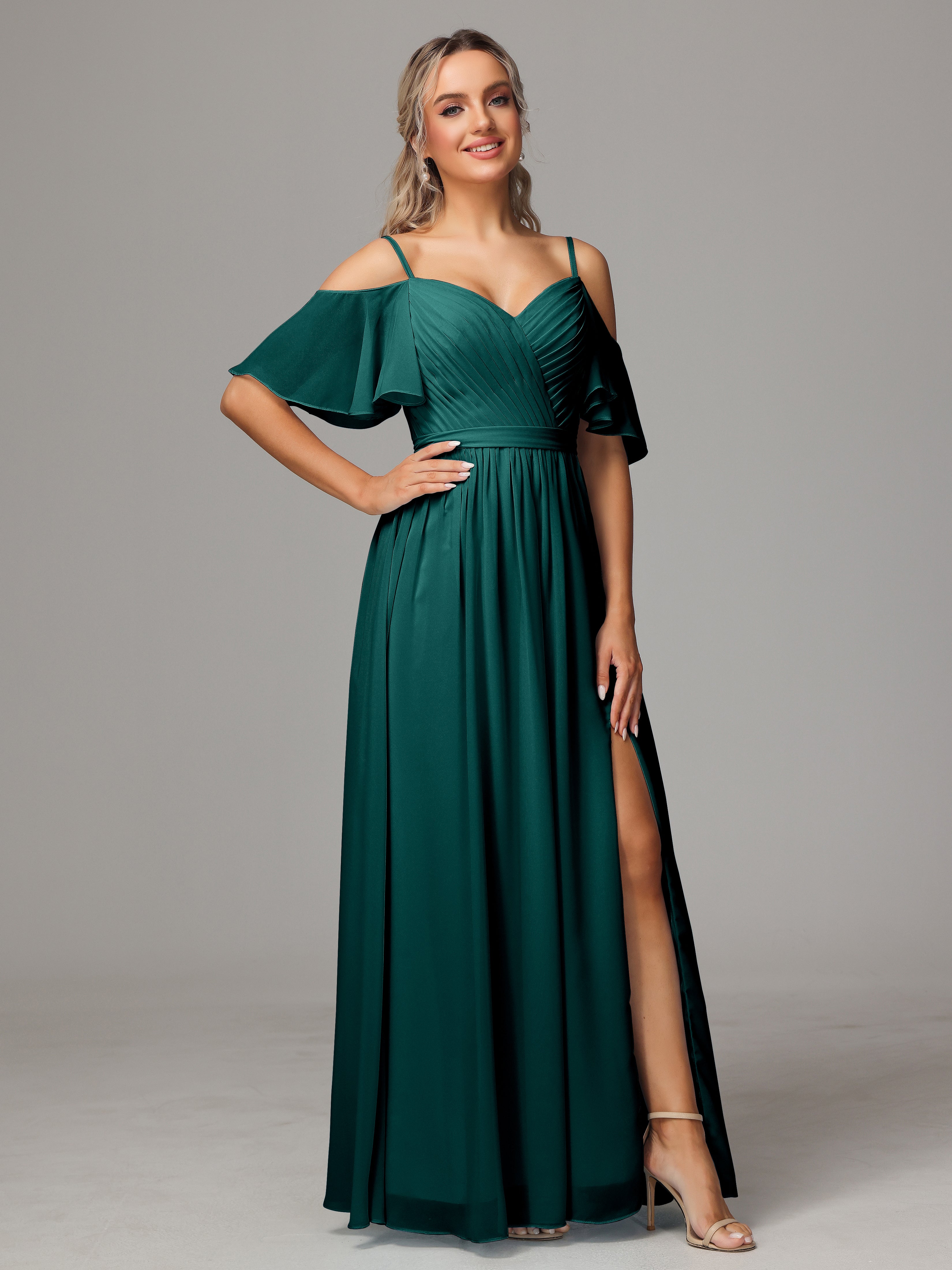 Robes De Demoiselle D'Honneur Paon Avec Plissé Fendue Trapèze Mousseline Longue