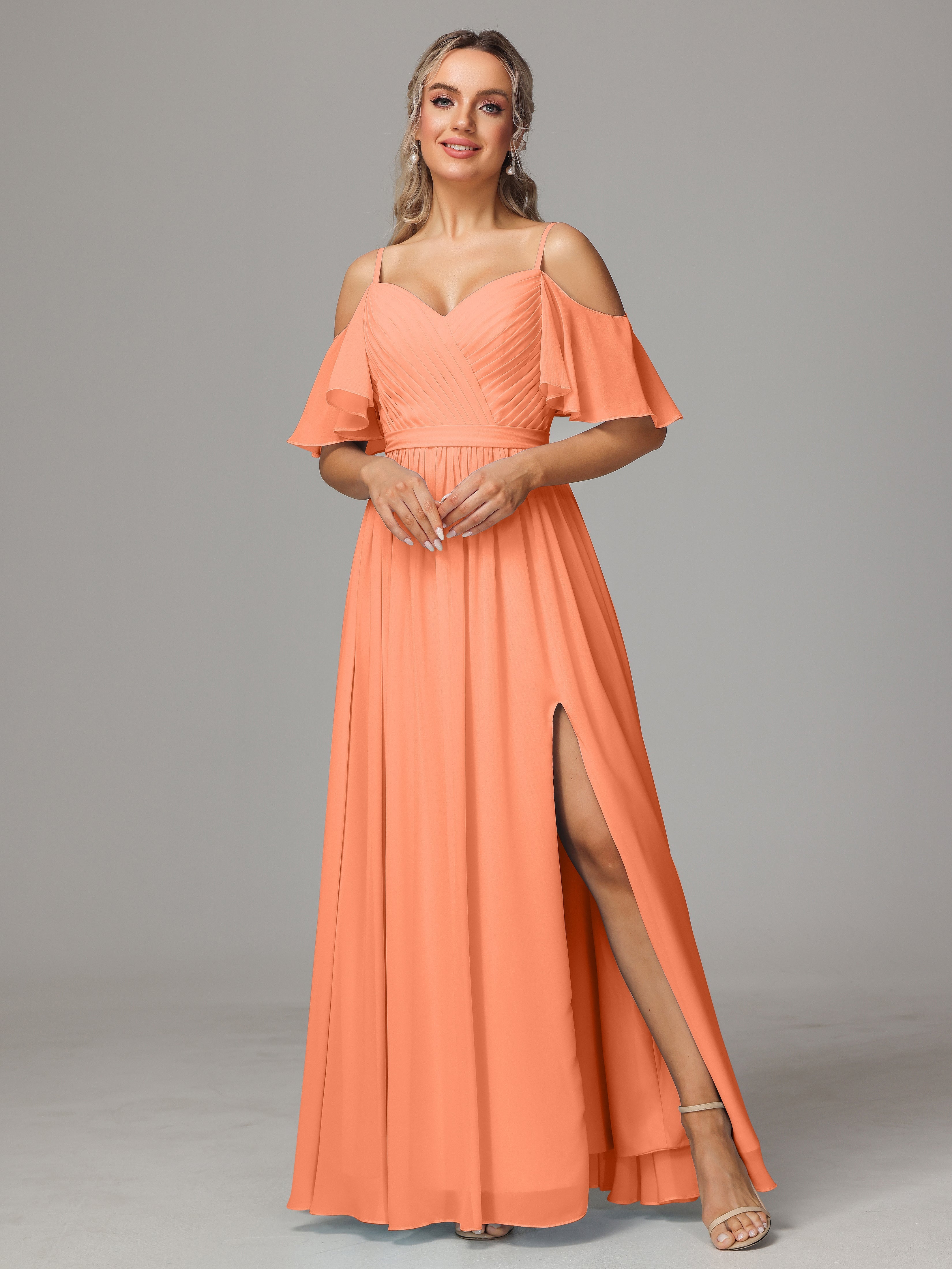 Robes De Demoiselle D'Honneur Papaye Avec Plissé Fendue Trapèze Mousseline Longue