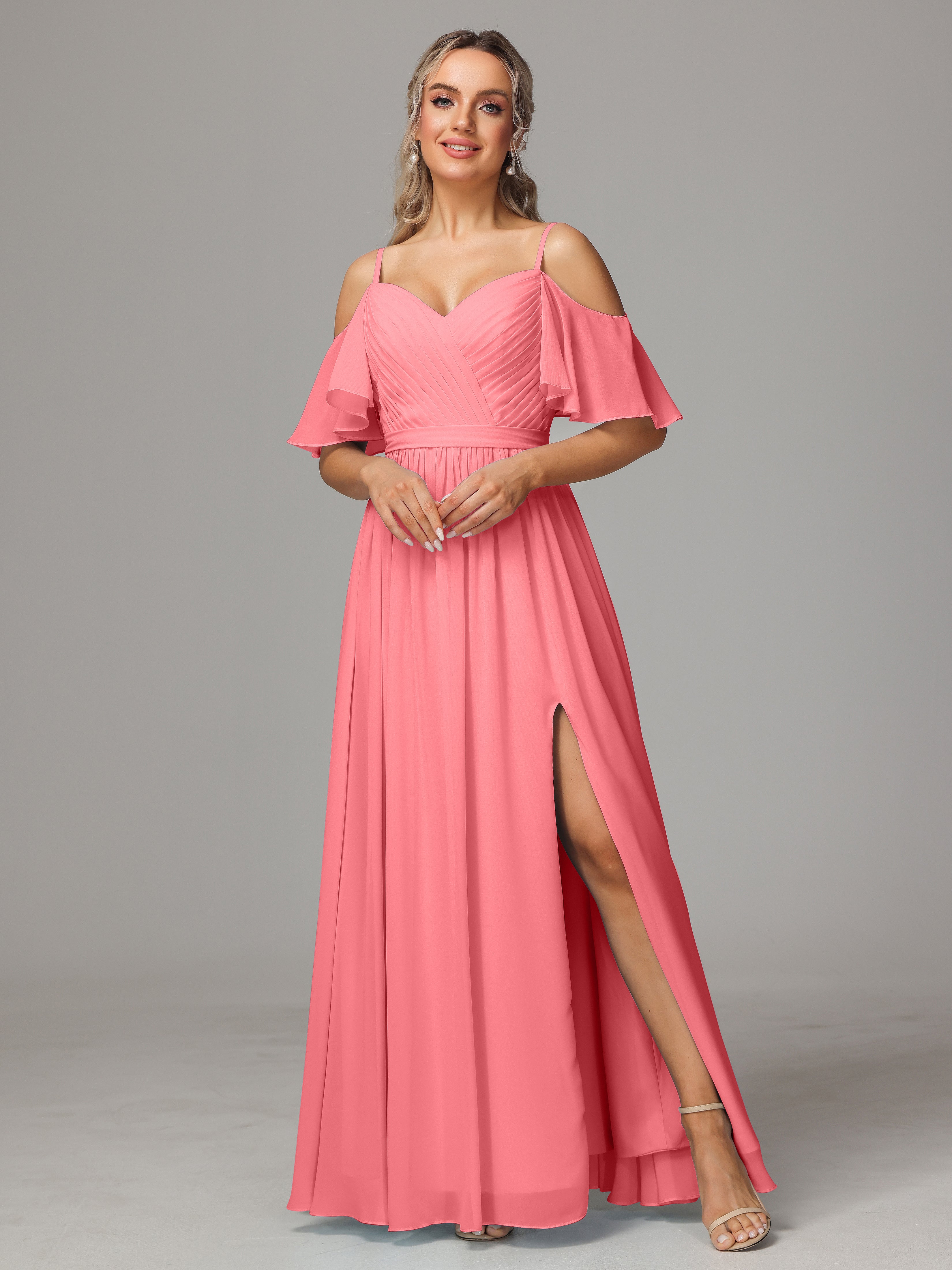 Robes De Demoiselle D'Honneur Pastèque Avec Plissé Fendue Trapèze Mousseline Longue