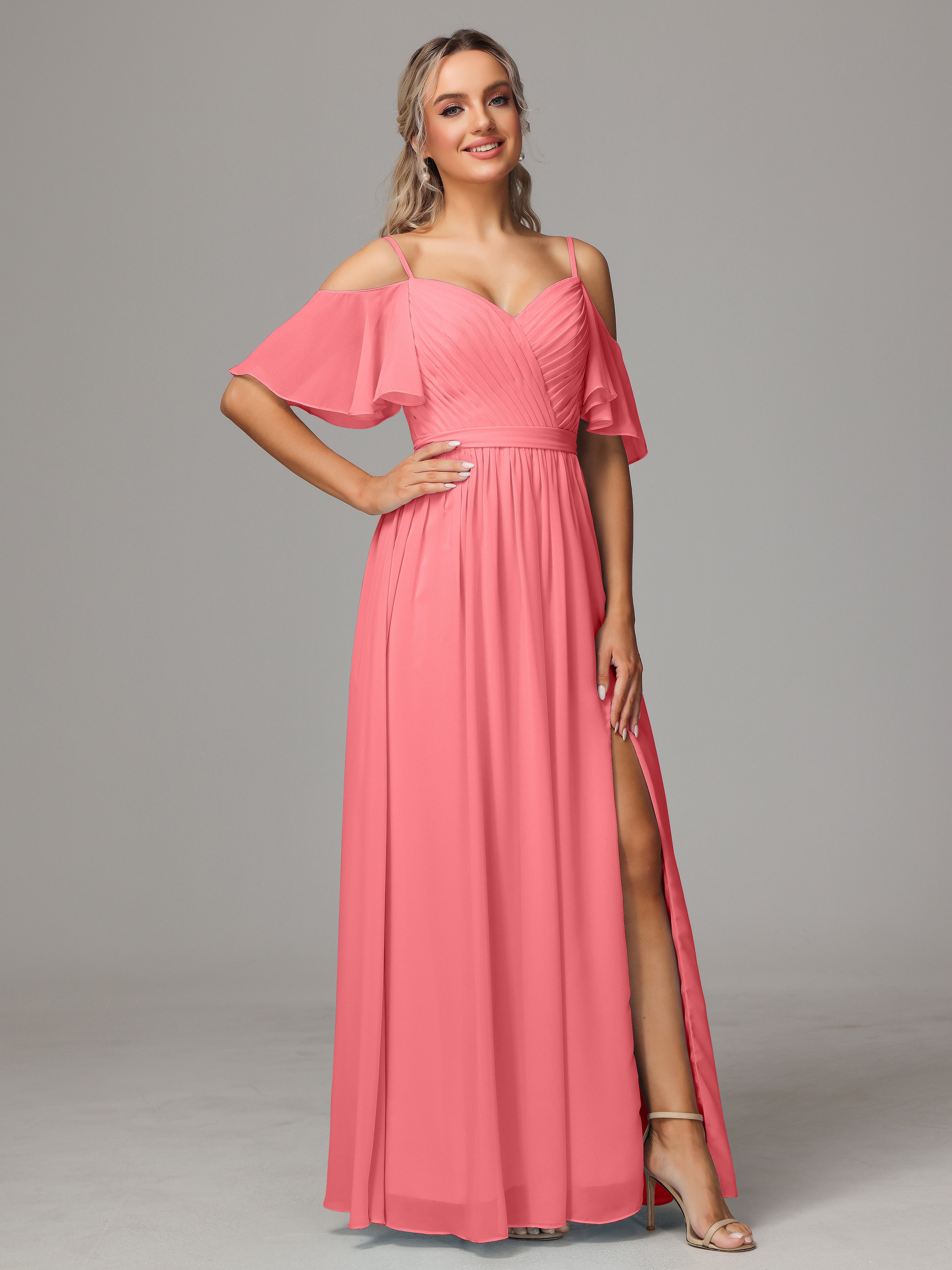 Robes De Demoiselle D'Honneur Pastèque Avec Plissé Fendue Trapèze Mousseline Longue