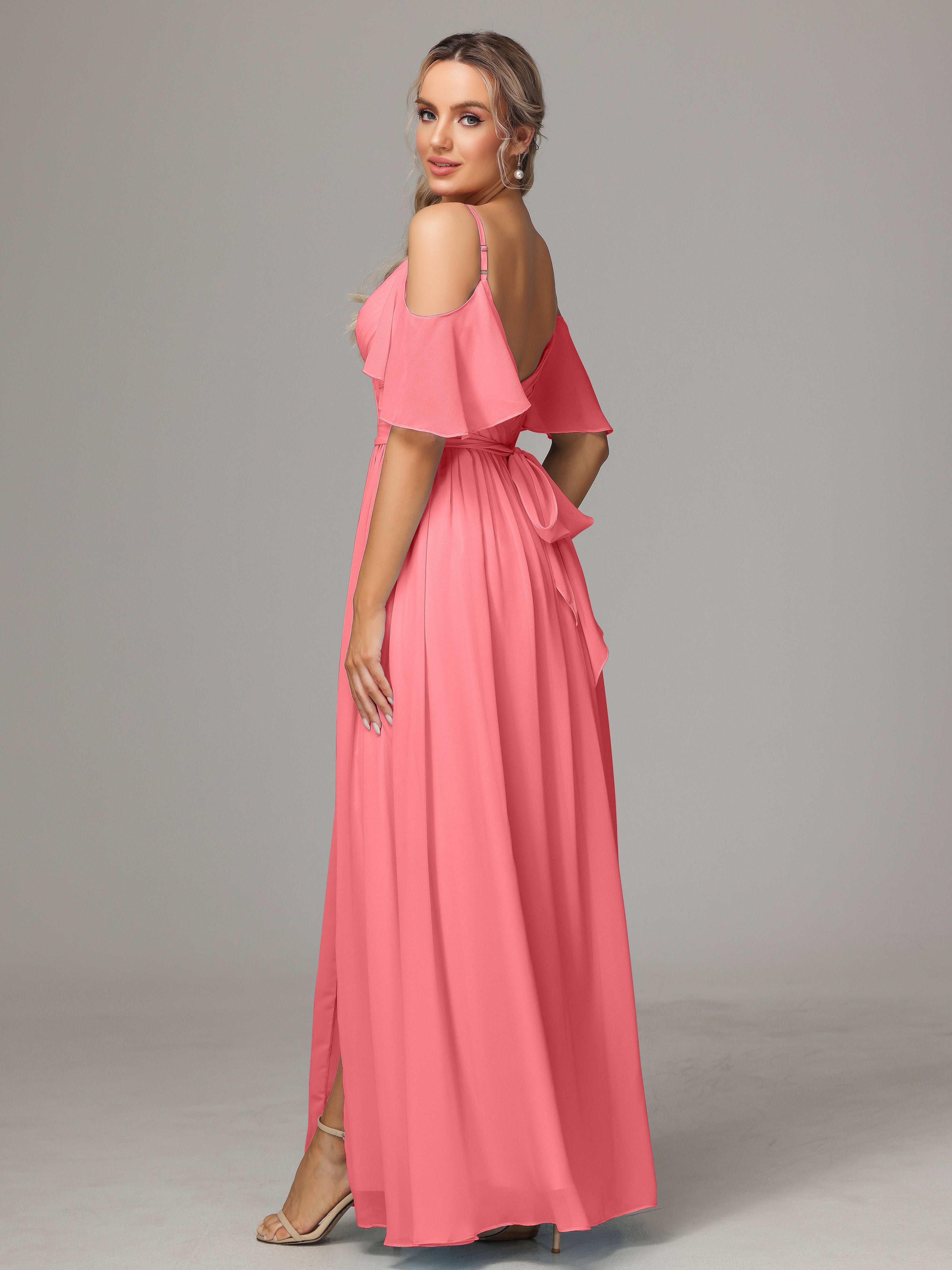 Robes De Demoiselle D'Honneur Pastèque Avec Plissé Fendue Trapèze Mousseline Longue