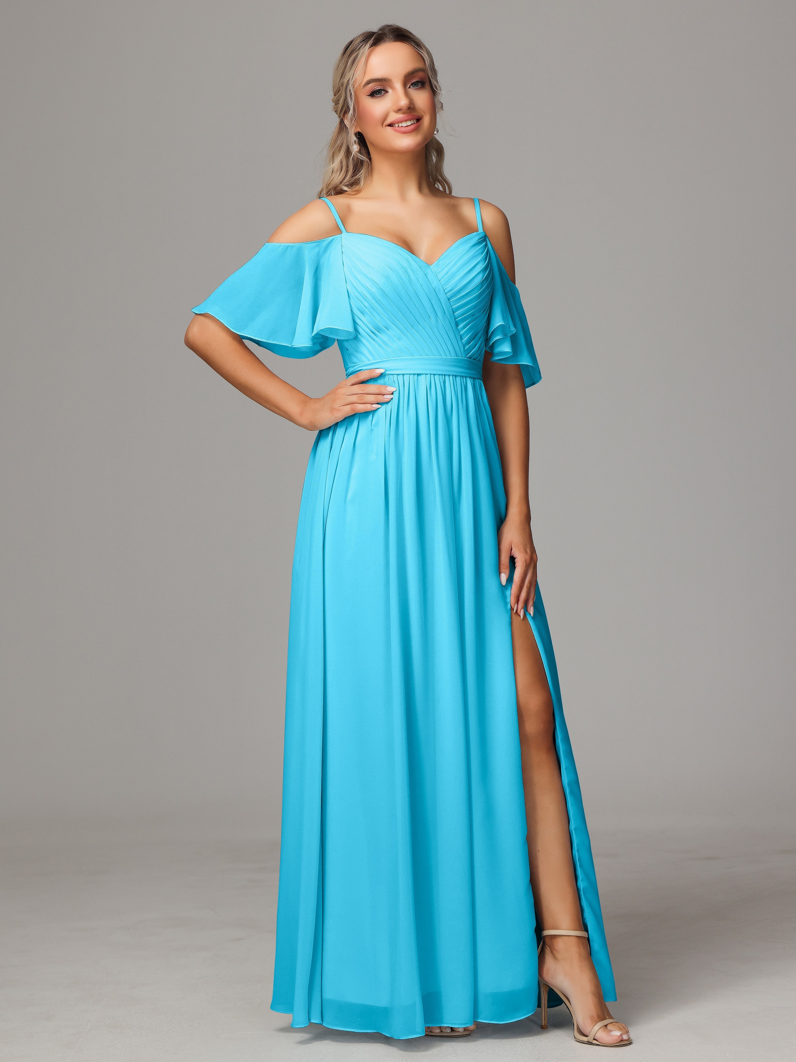 Robe De Demoiselle D'Honneur En Piscine Avec Plissé Fendue Trapèze Mousseline Longue