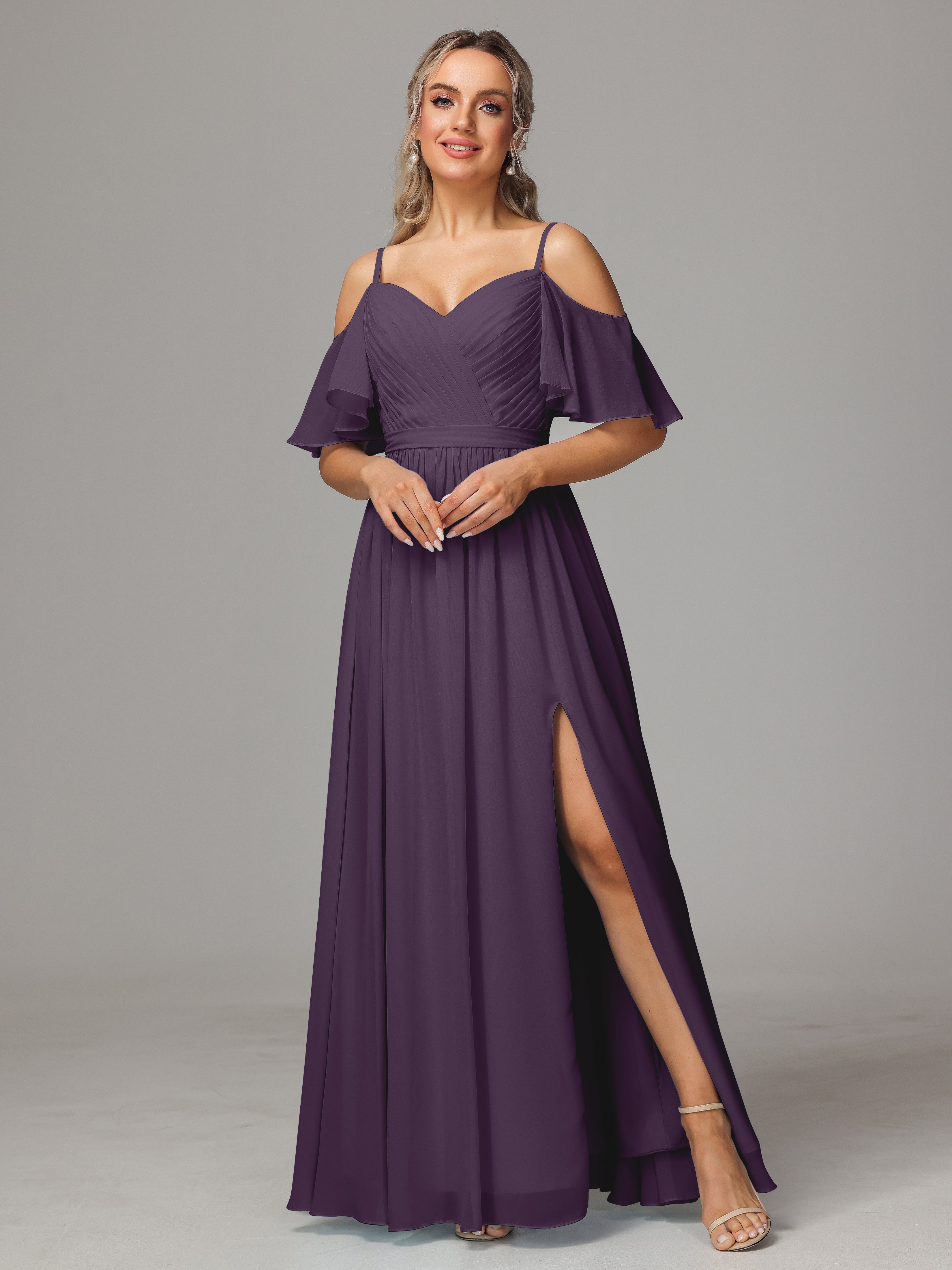 Robe De Demoiselle D'Honneur En Plum Avec Plissé Fendue Trapèze Mousseline Longue