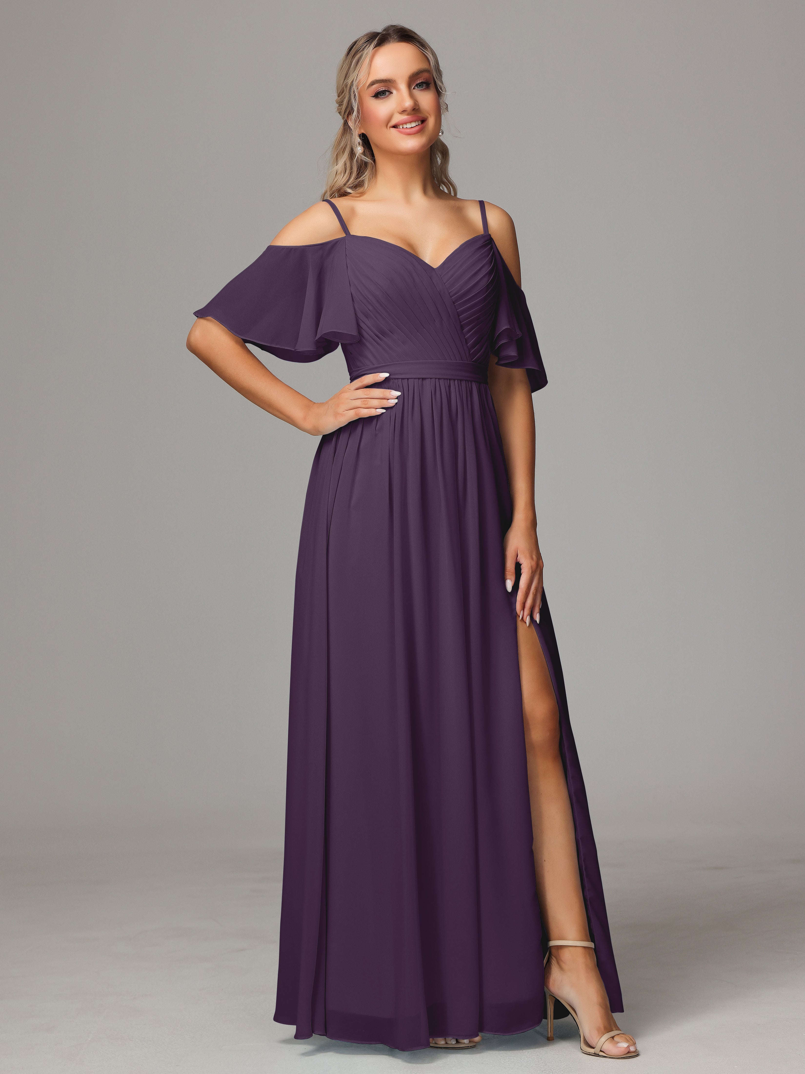 Robe De Demoiselle D'Honneur En Plum Avec Plissé Fendue Trapèze Mousseline Longue