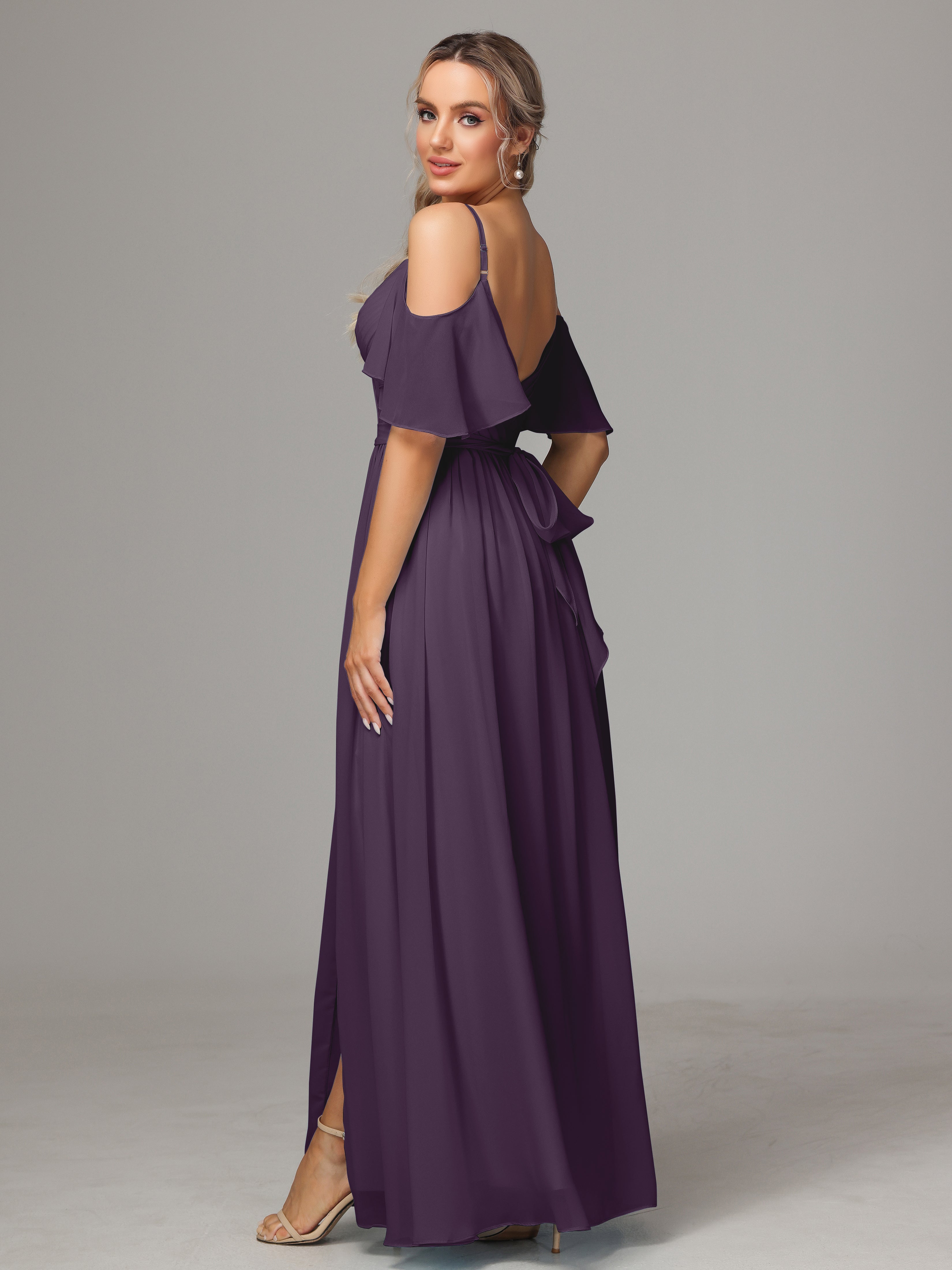 Robe De Demoiselle D'Honneur En Plum Avec Plissé Fendue Trapèze Mousseline Longue