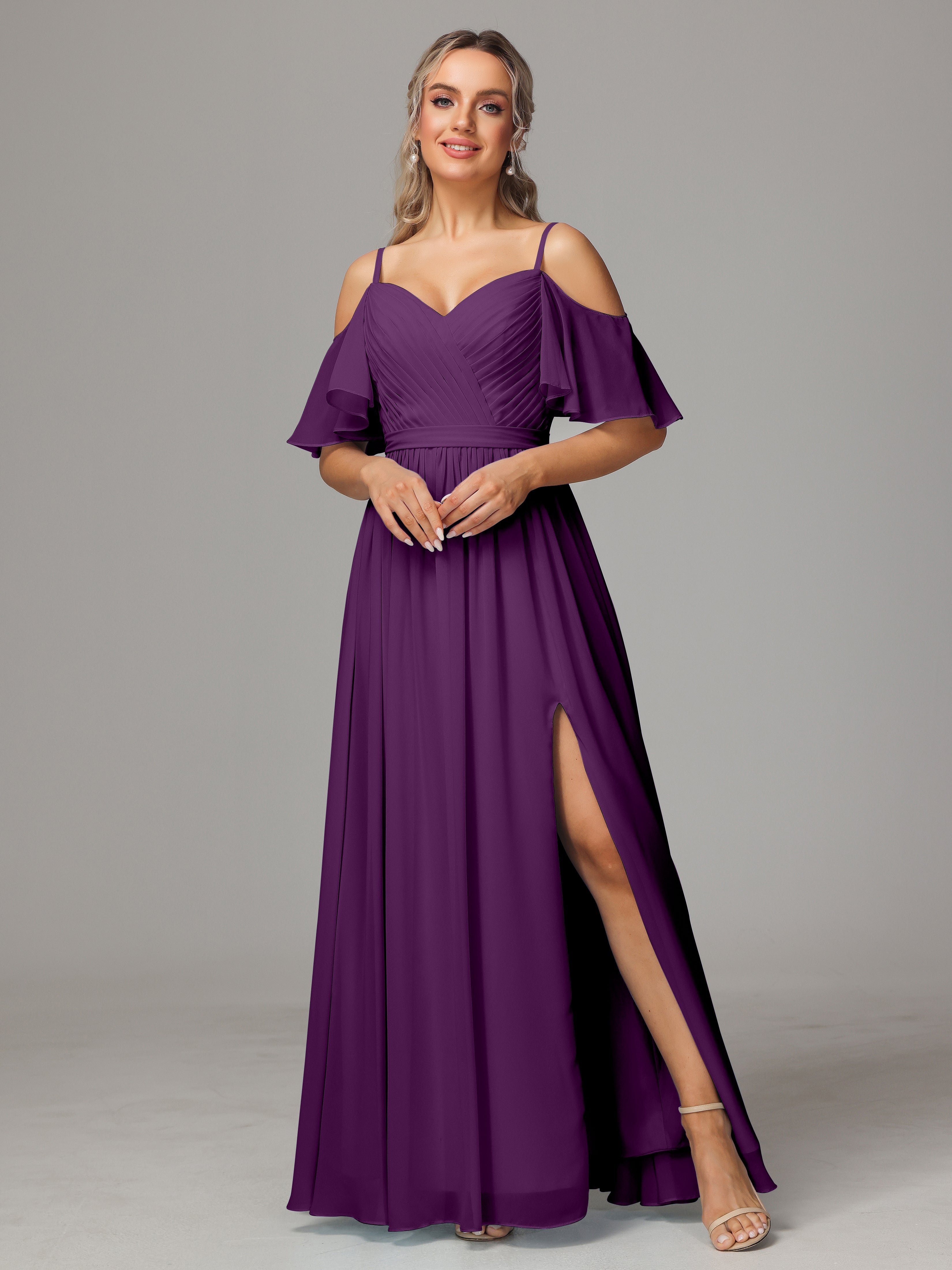 Robes De Demoiselle D'Honneur En Raisin Avec Plissé Fendue Trapèze Mousseline Longue
