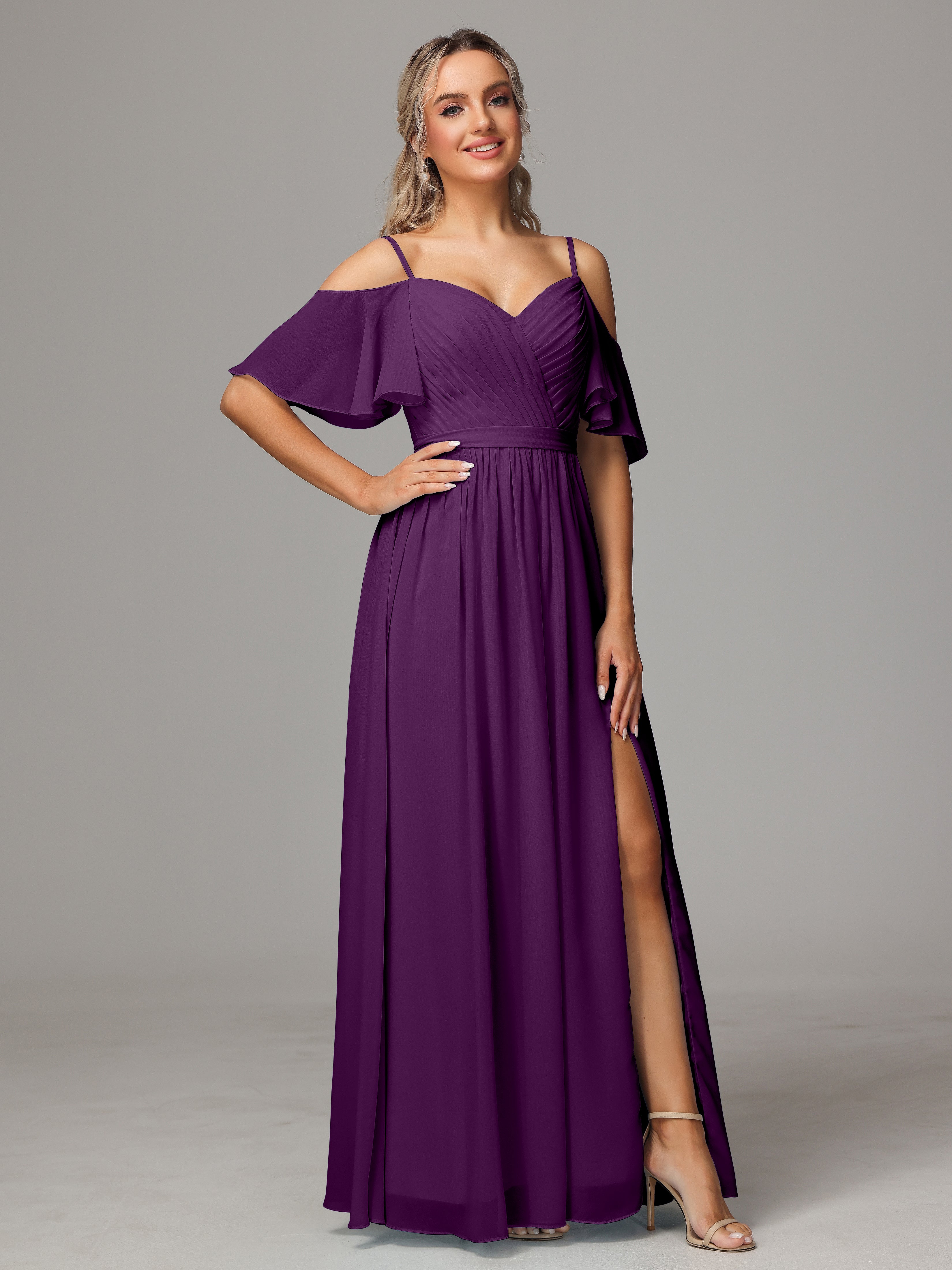 Robes De Demoiselle D'Honneur En Raisin Avec Plissé Fendue Trapèze Mousseline Longue