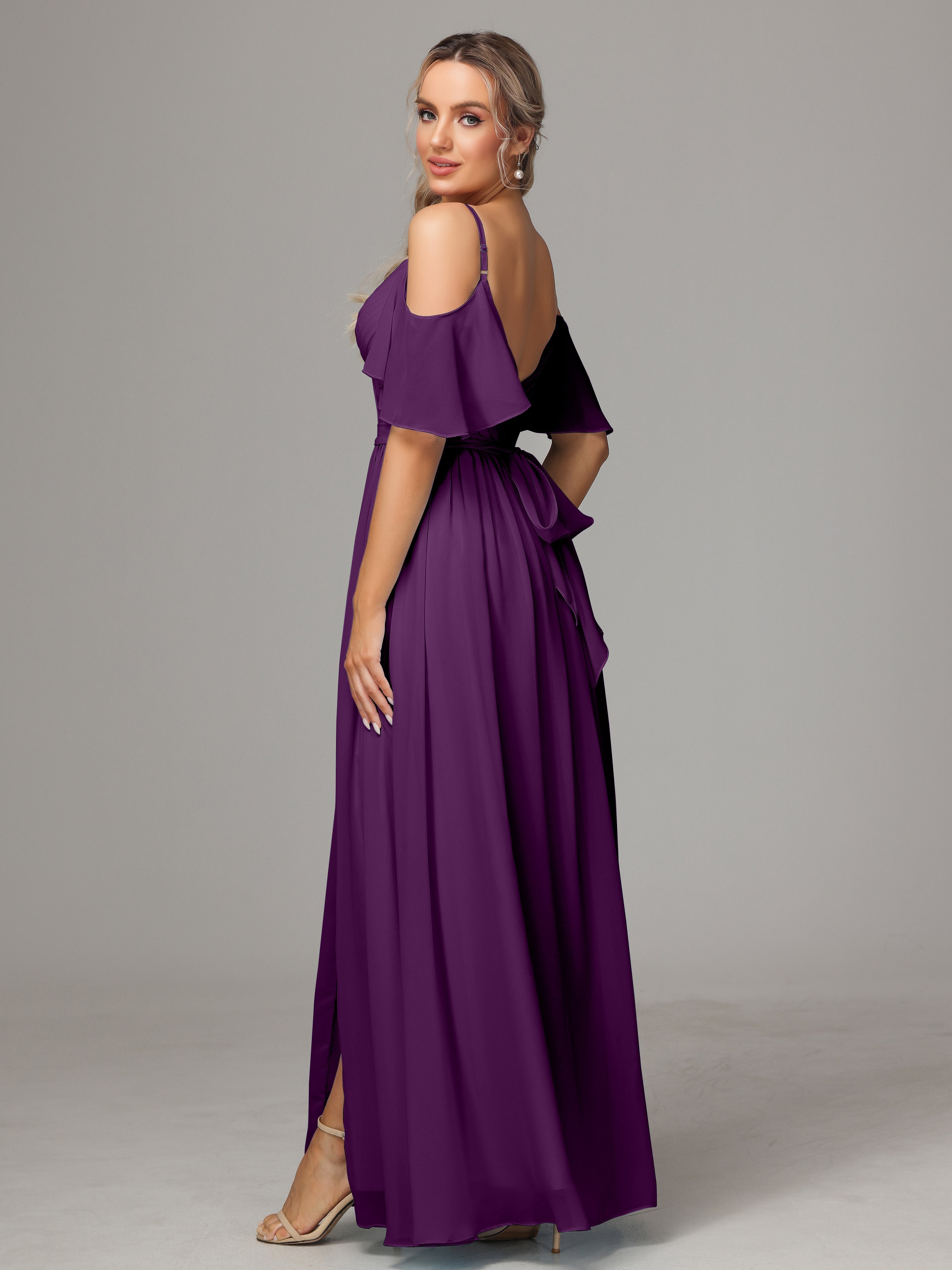 Robes De Demoiselle D'Honneur En Raisin Avec Plissé Fendue Trapèze Mousseline Longue