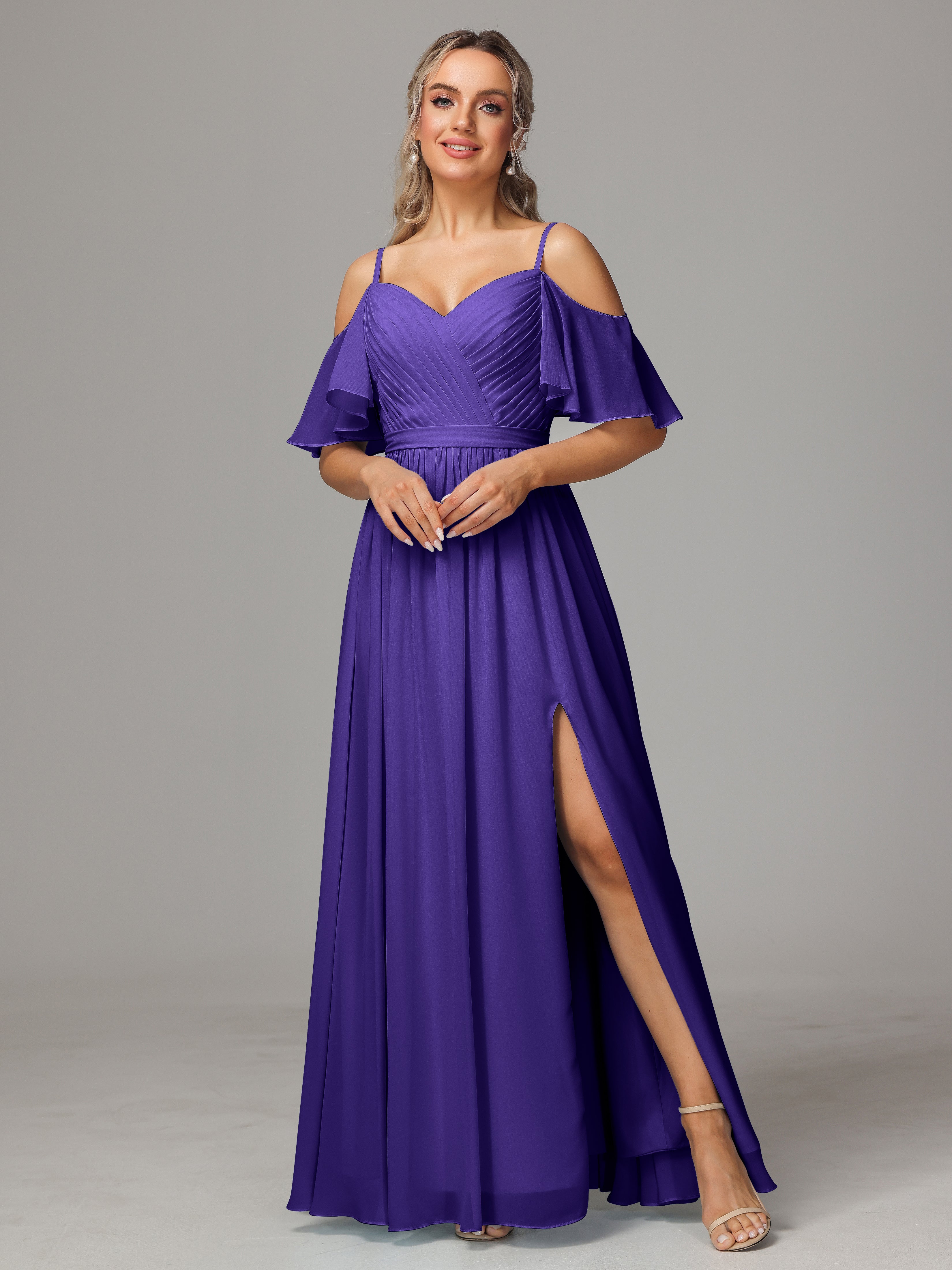 Robes De Demoiselle D'Honneur En Régence Avec Plissé Fendue Trapèze Mousseline Longue