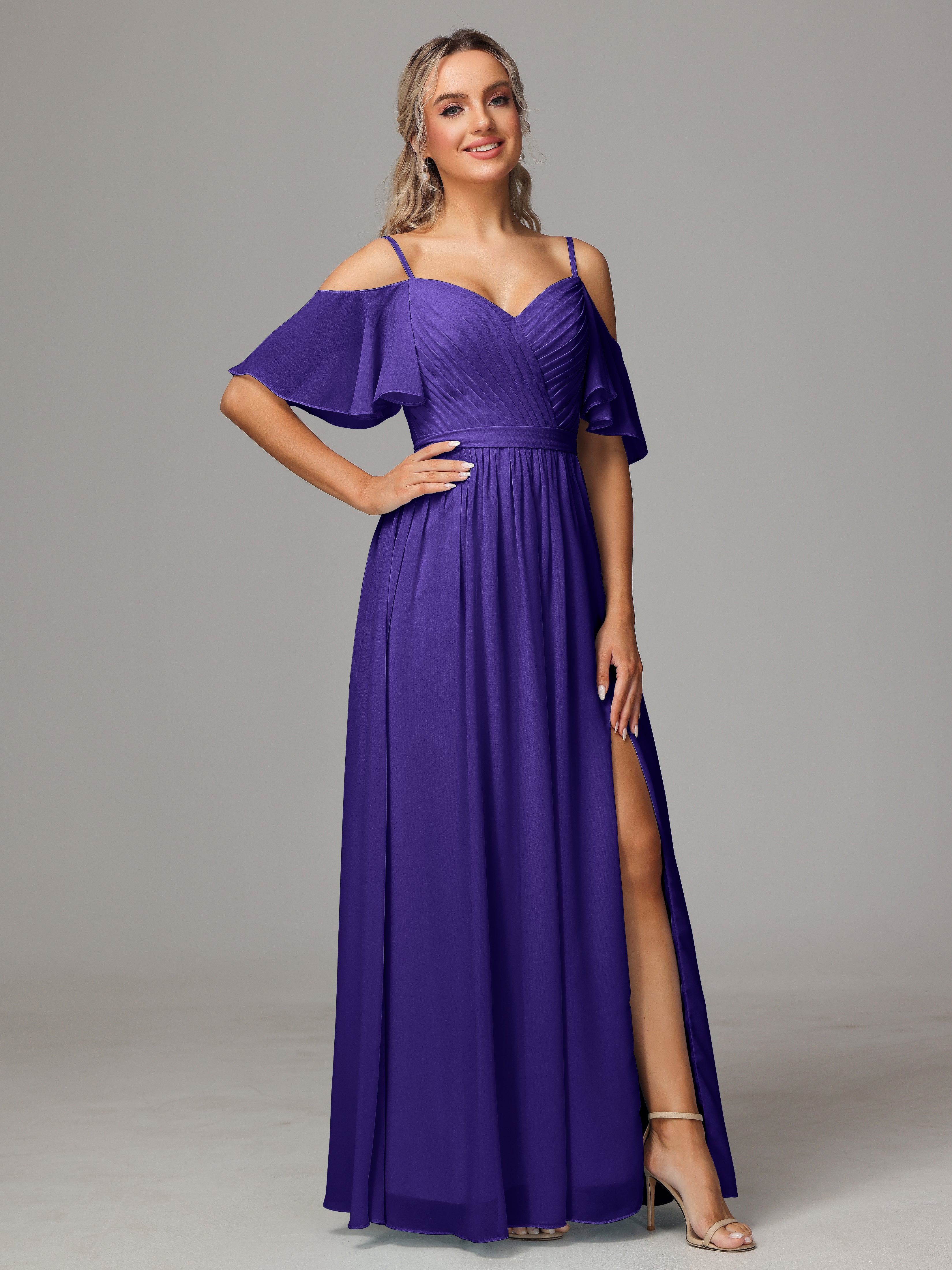Robes De Demoiselle D'Honneur En Régence Avec Plissé Fendue Trapèze Mousseline Longue