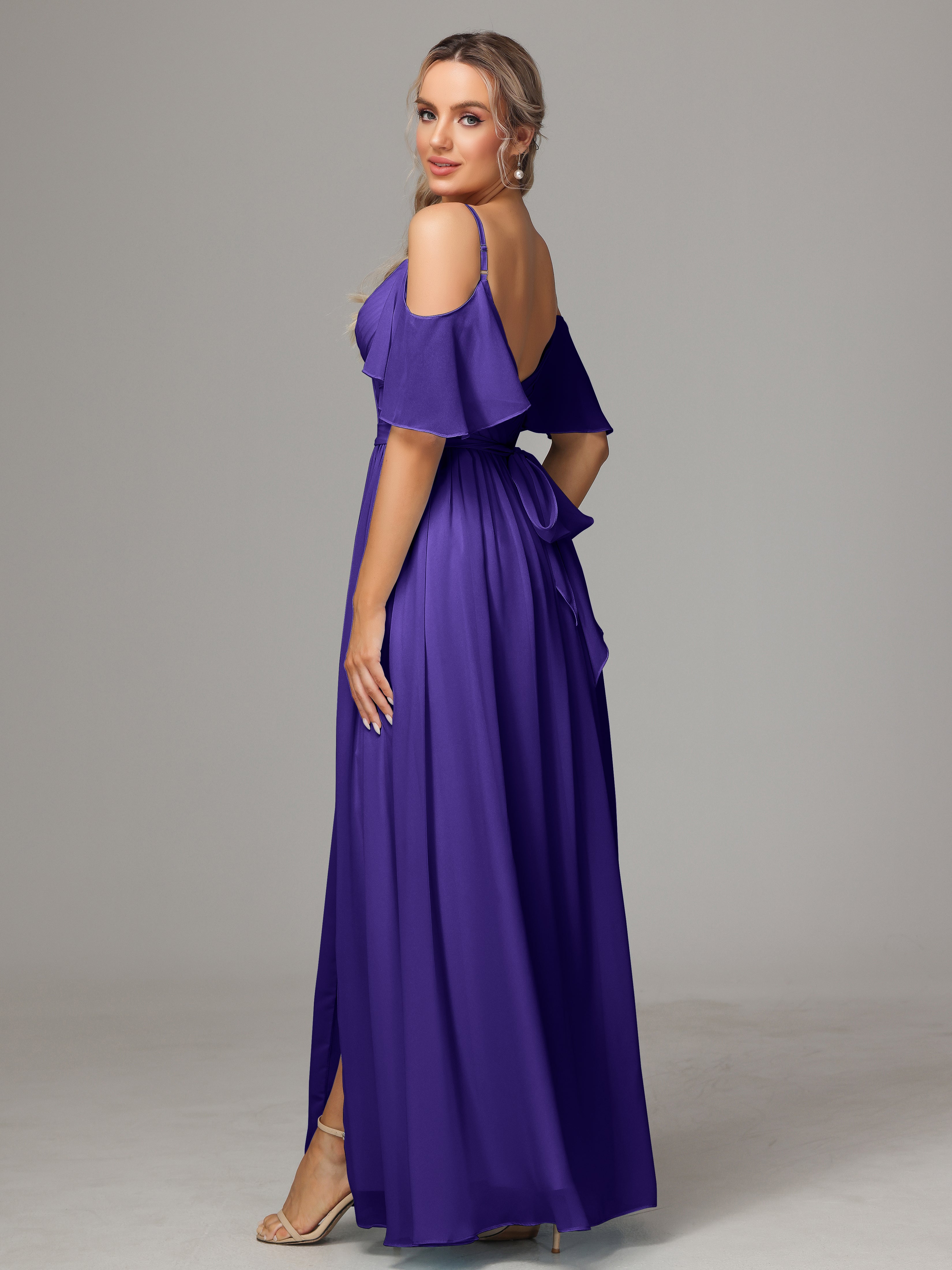 Robes De Demoiselle D'Honneur En Régence Avec Plissé Fendue Trapèze Mousseline Longue
