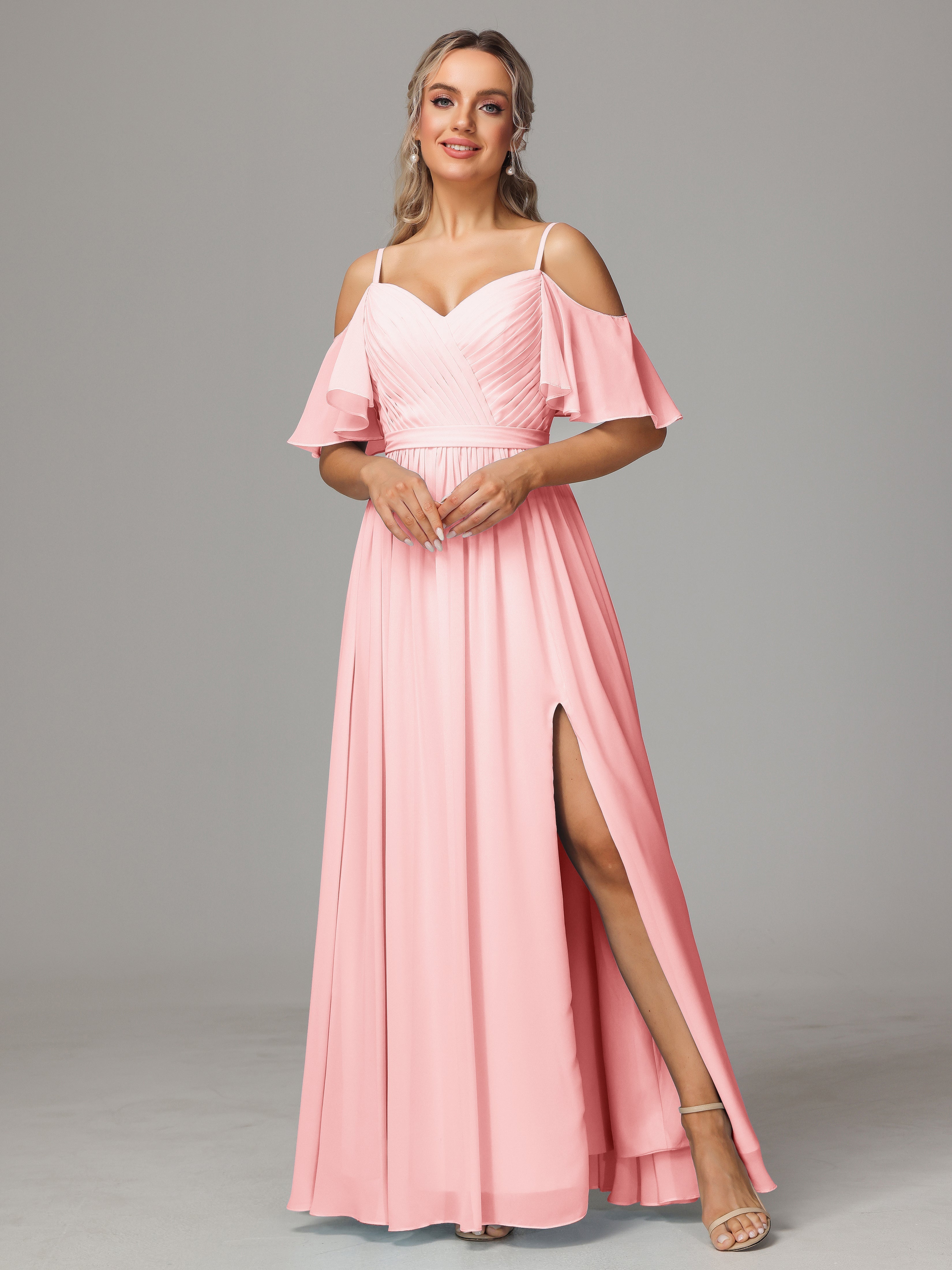Robes De Demoiselle D'Honneur Rose Rose Accueil Froid Fendue Trapèze Mousseline Longue Robes Demoiselle D'Honneur Avec Plissé