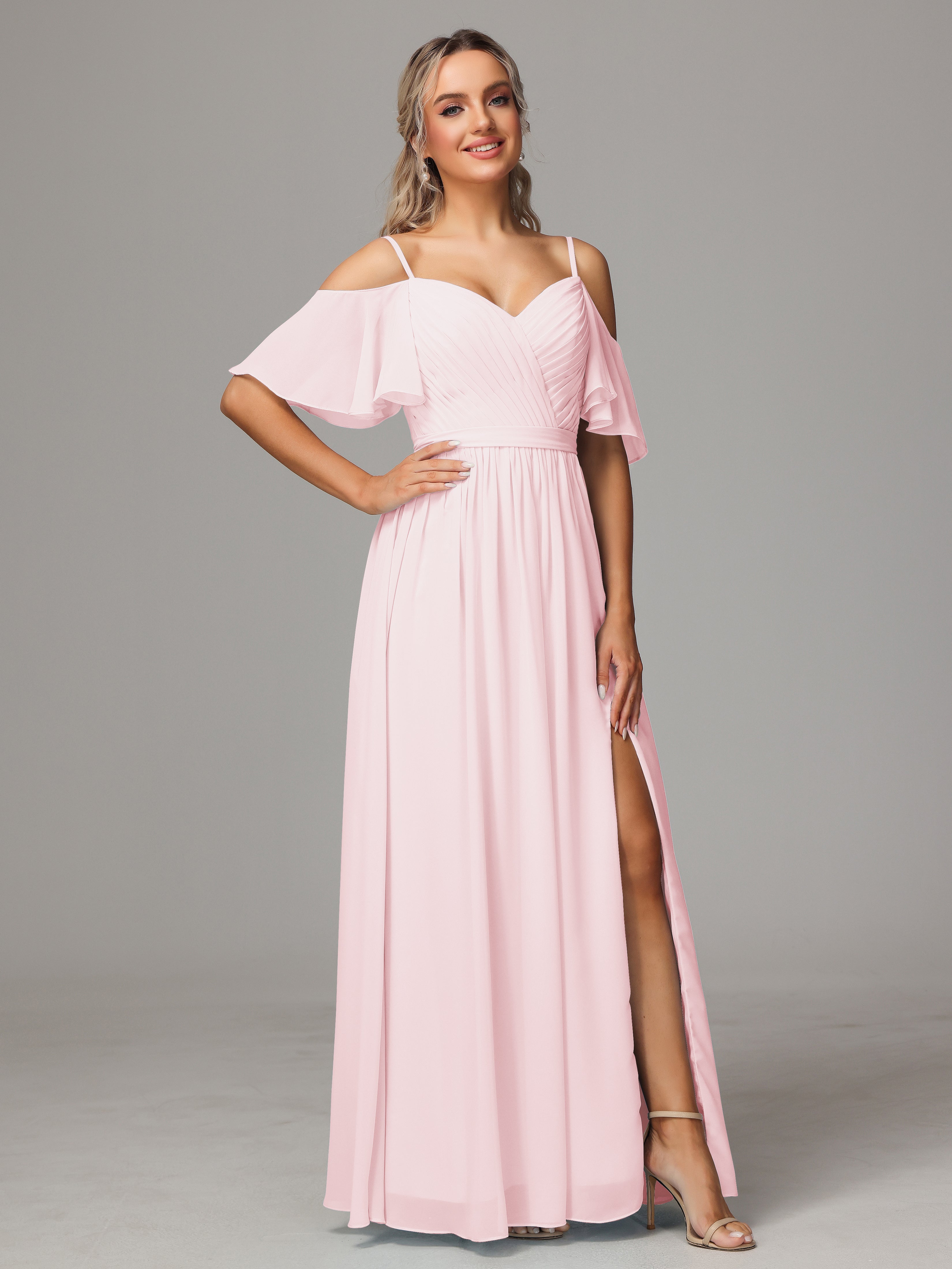 Robe Rose Pale Demoiselle D Honneur Avec Plissé Fendue Trapèze Mousseline Longue