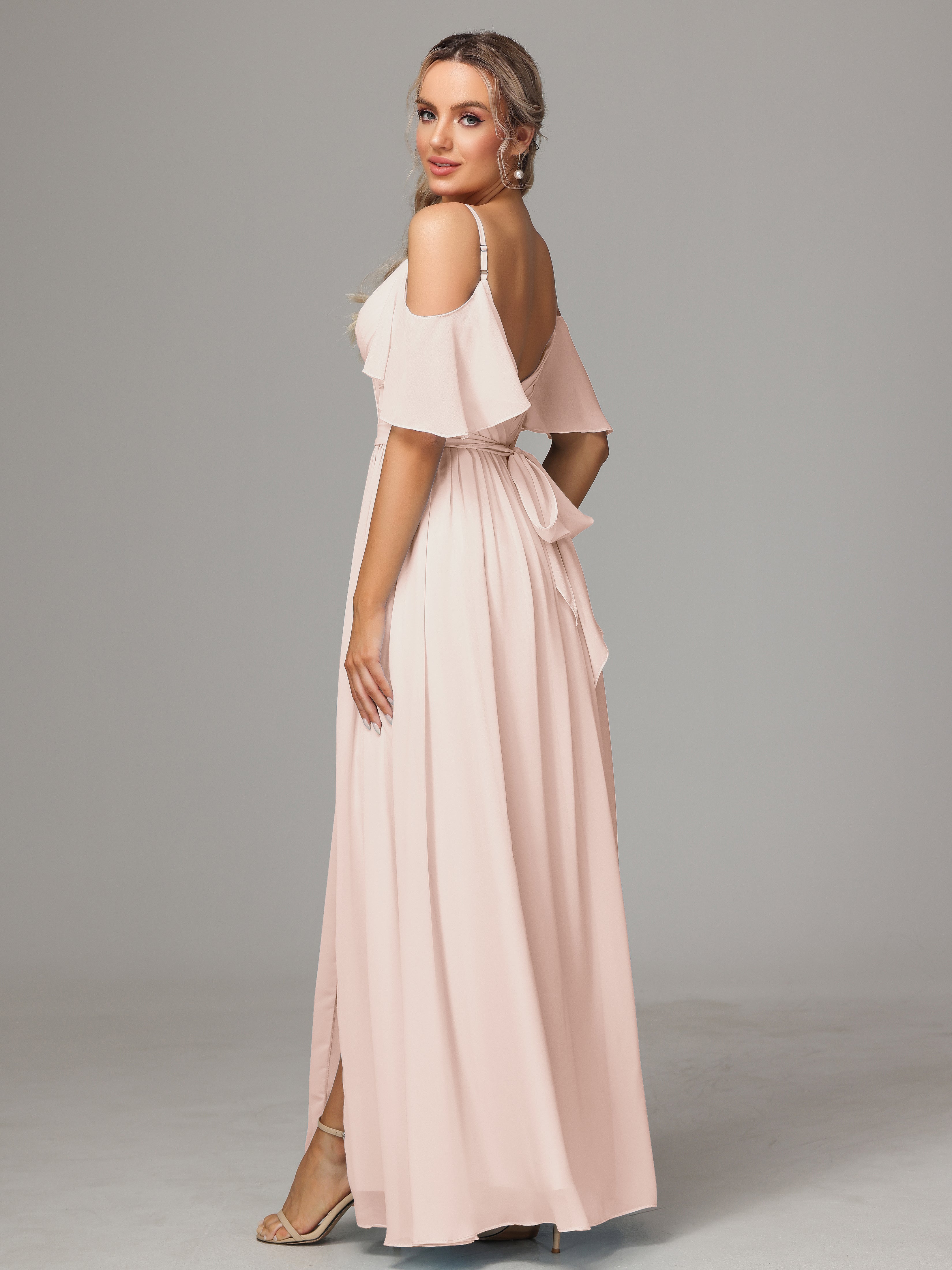 Robe De Demoiselle D'Honneur En Perles Avec Plissé Fendue Trapèze Mousseline Longue