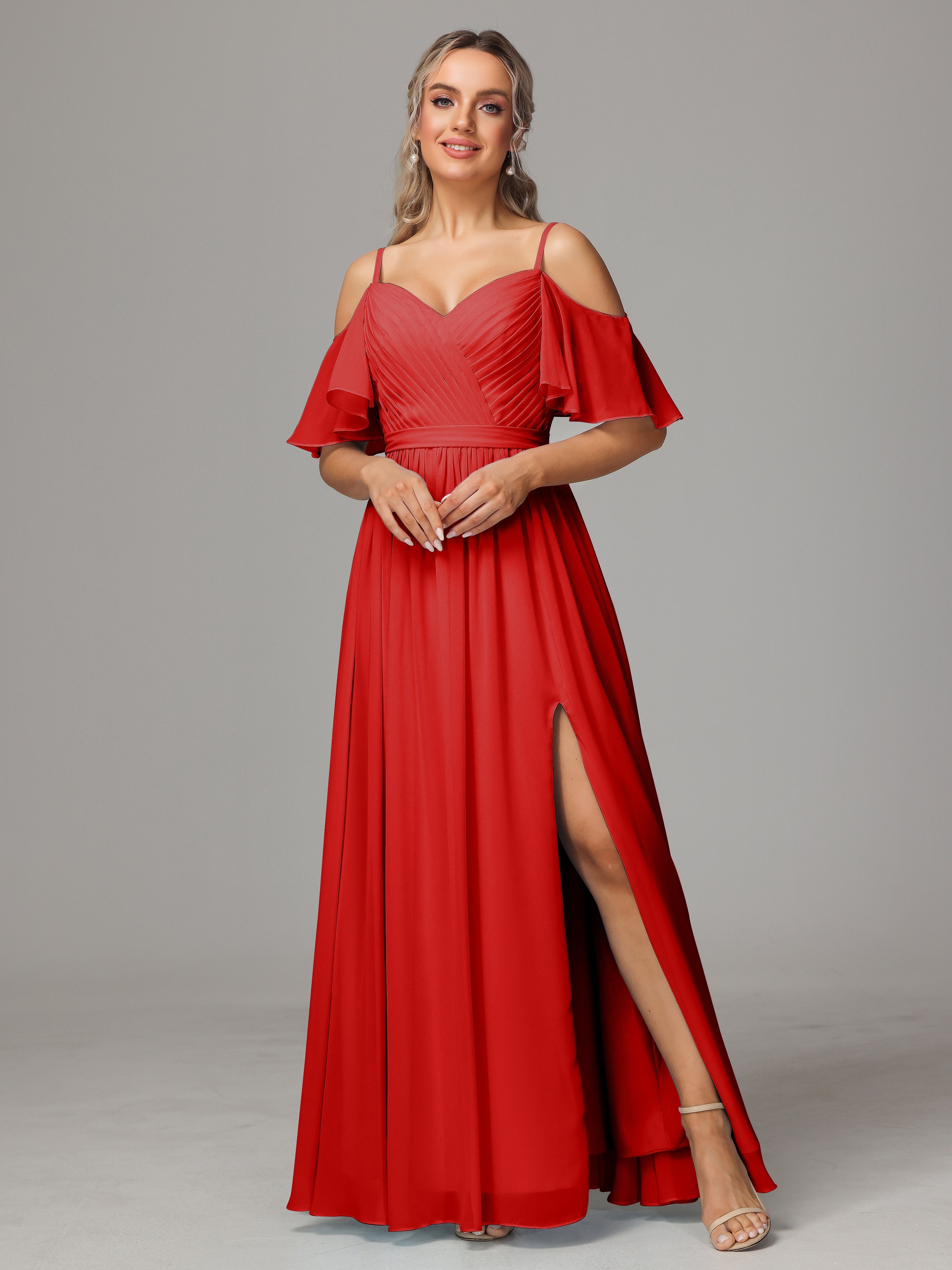 Robe De Demoiselle D Honneur Rouge Avec Plissé Fendue Trapèze Mousseline Longue