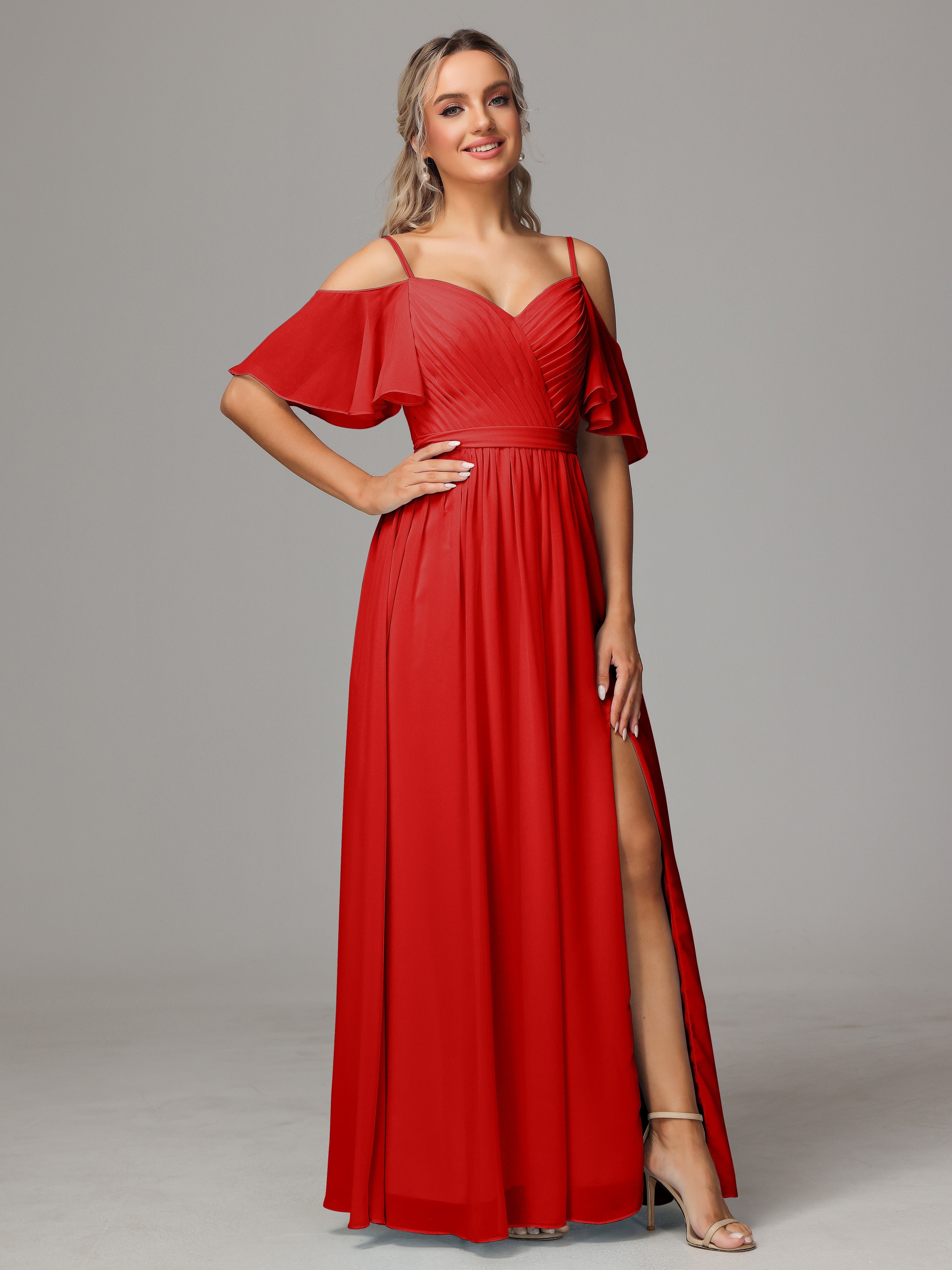 Robe De Demoiselle D Honneur Rouge Avec Plissé Fendue Trapèze Mousseline Longue