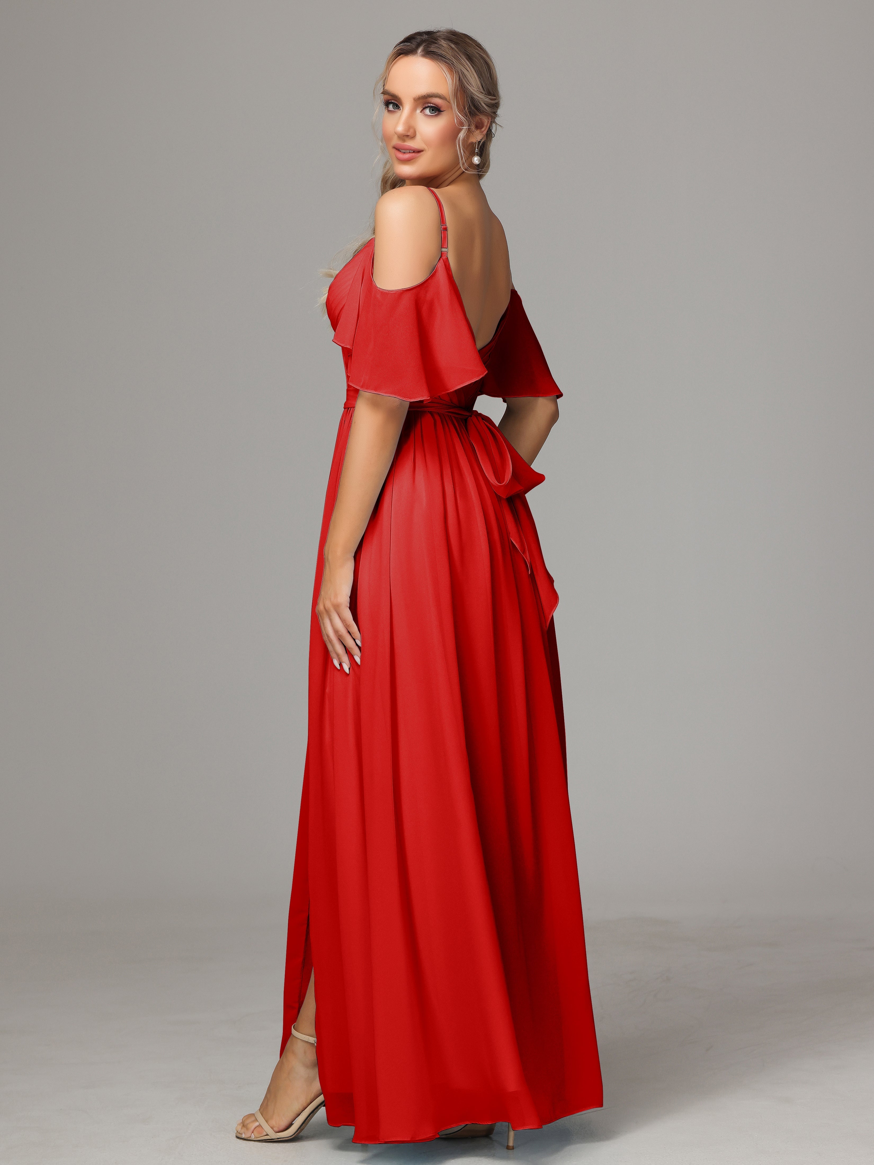 Robe De Demoiselle D Honneur Rouge Avec Plissé Fendue Trapèze Mousseline Longue