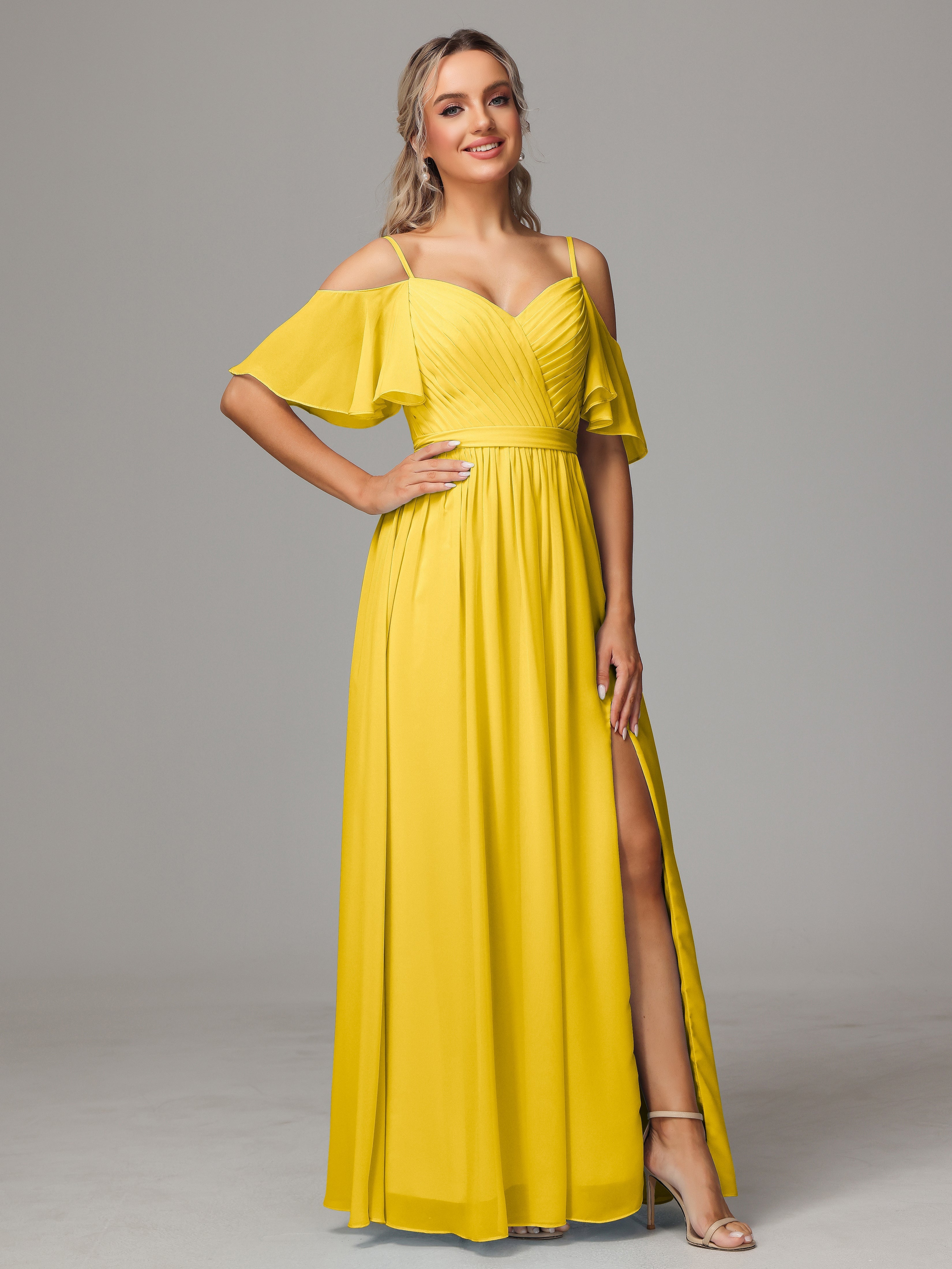 Robe De Demoiselle D'Honneur Souci Avec Plissé Fendue Trapèze Mousseline Longue
