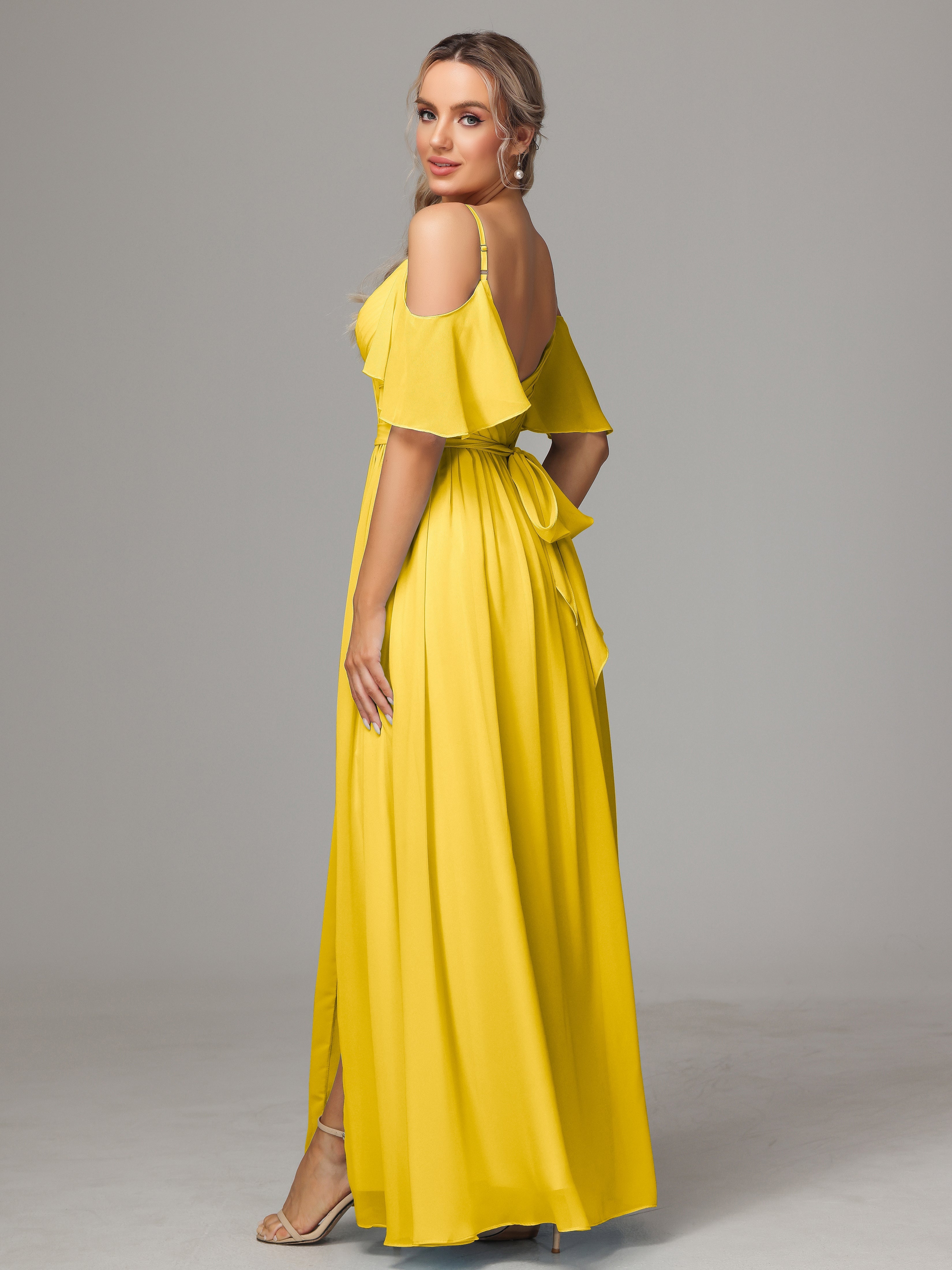 Robe De Demoiselle D'Honneur Souci Avec Plissé Fendue Trapèze Mousseline Longue
