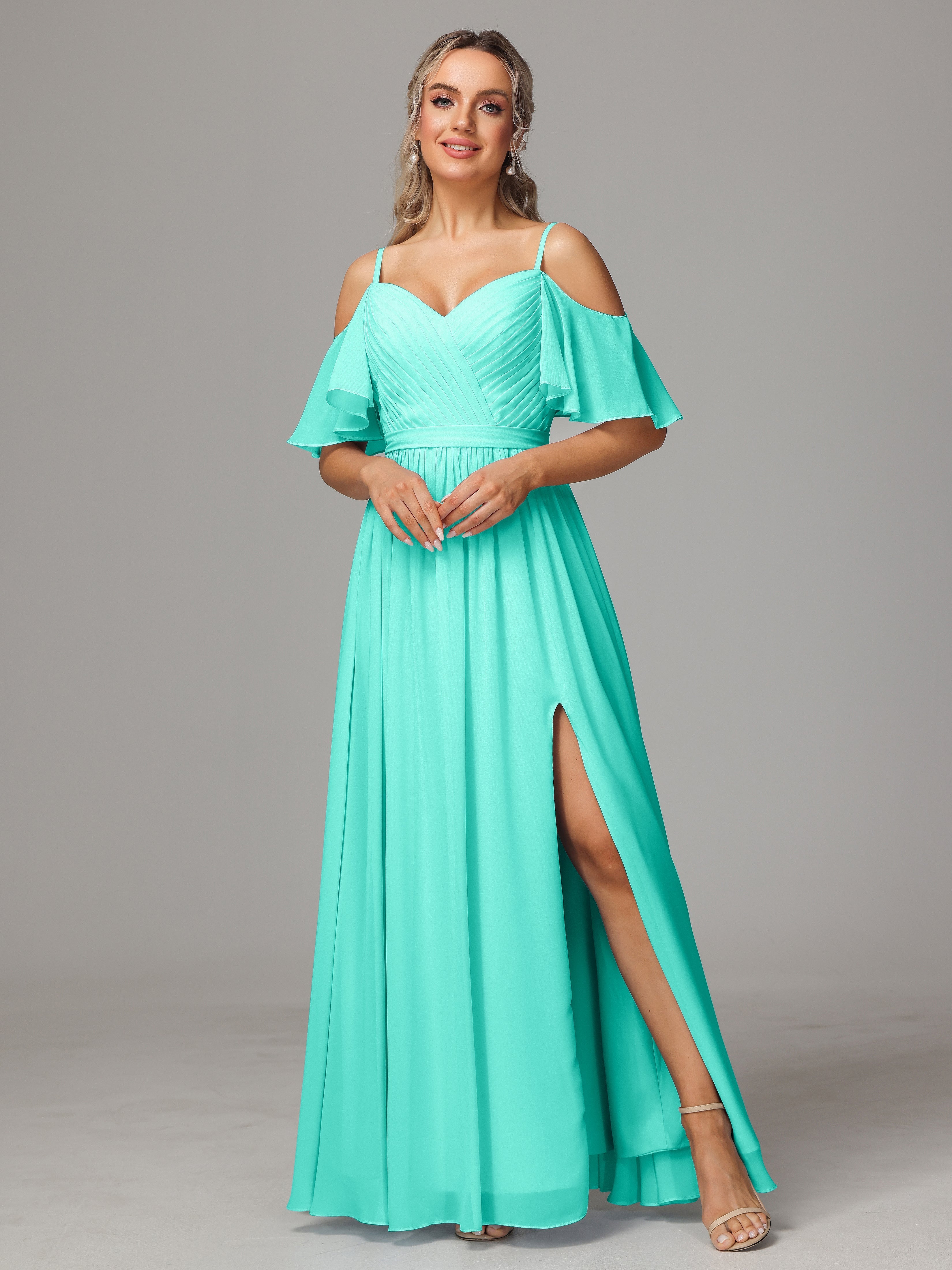 Robes De Demoiselle D'Honneur Spa Avec Plissé Fendue Trapèze Mousseline Longue