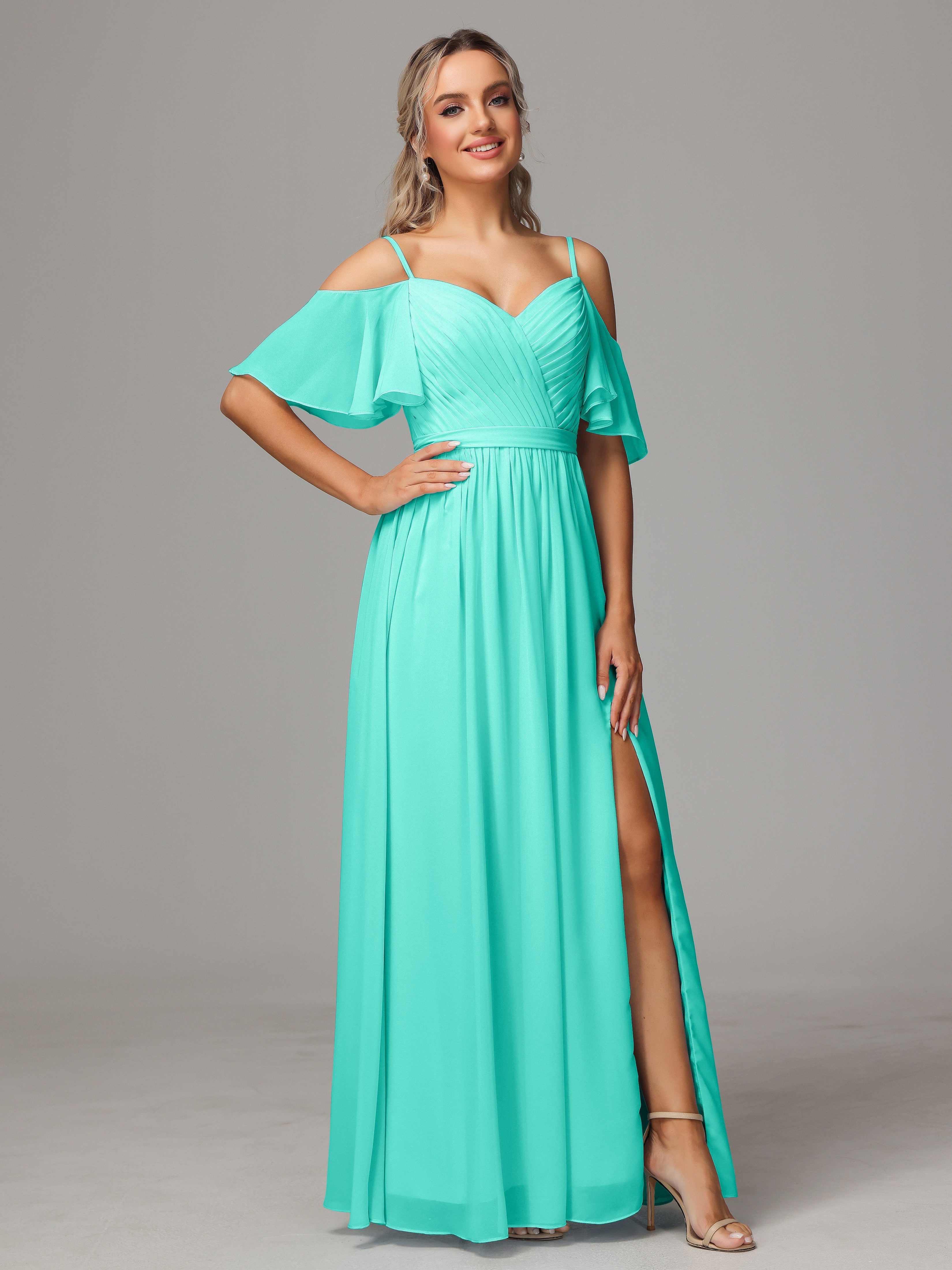 Robes De Demoiselle D'Honneur Spa Avec Plissé Fendue Trapèze Mousseline Longue