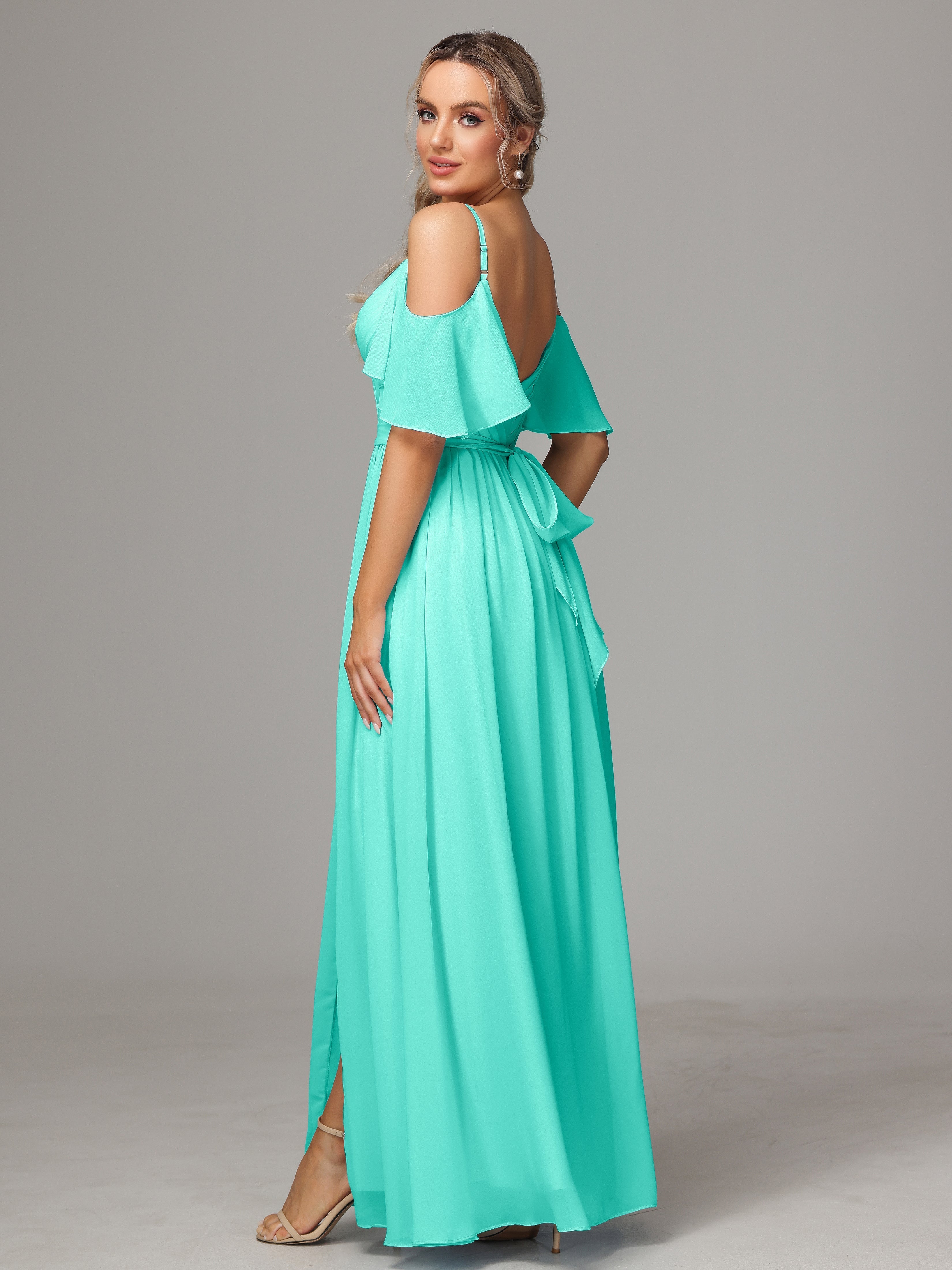 Robes De Demoiselle D'Honneur Spa Avec Plissé Fendue Trapèze Mousseline Longue