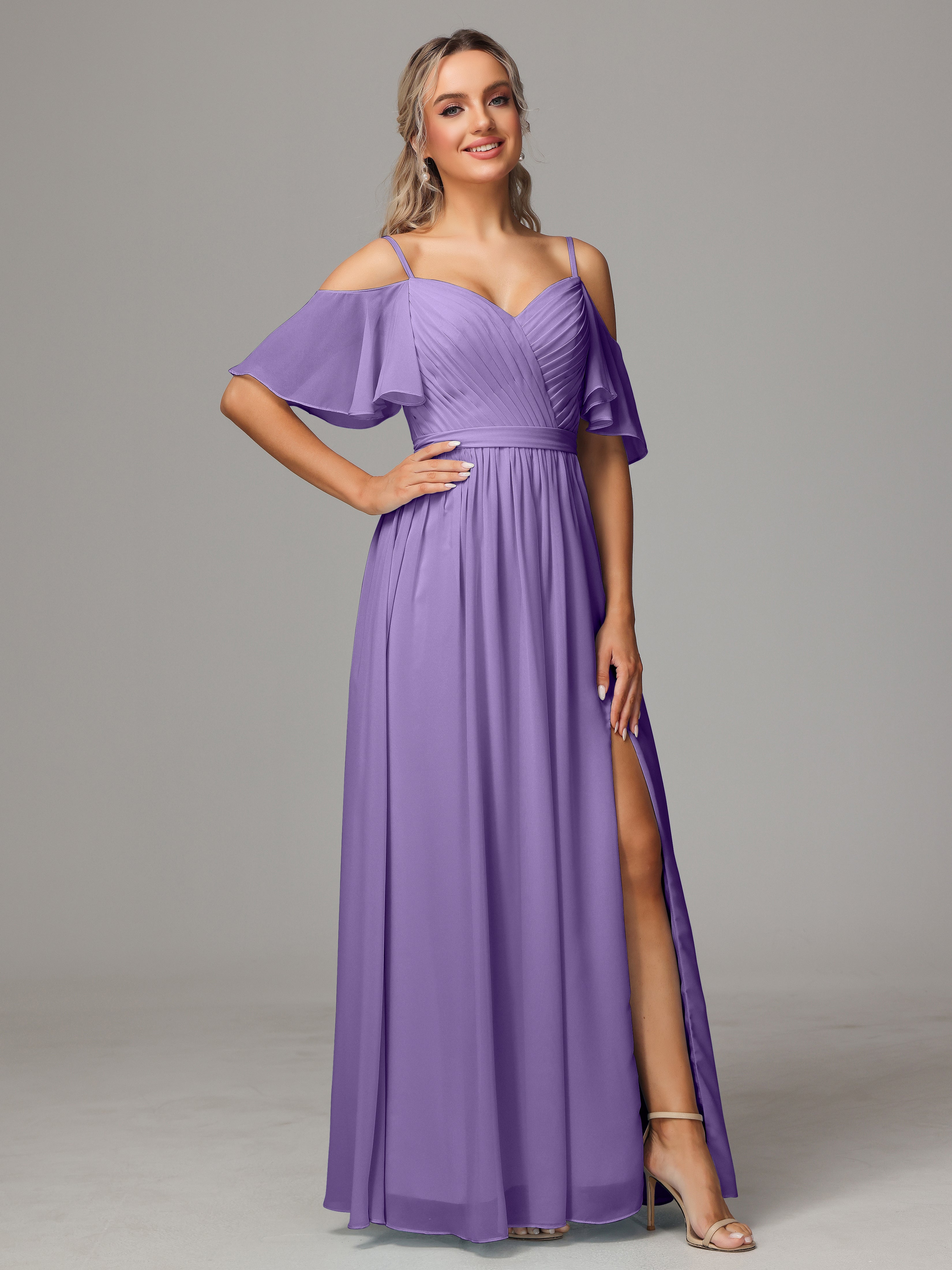 Robes De Demoiselle D'Honneur Tahiti Avec Plissé Fendue Trapèze Mousseline Longue