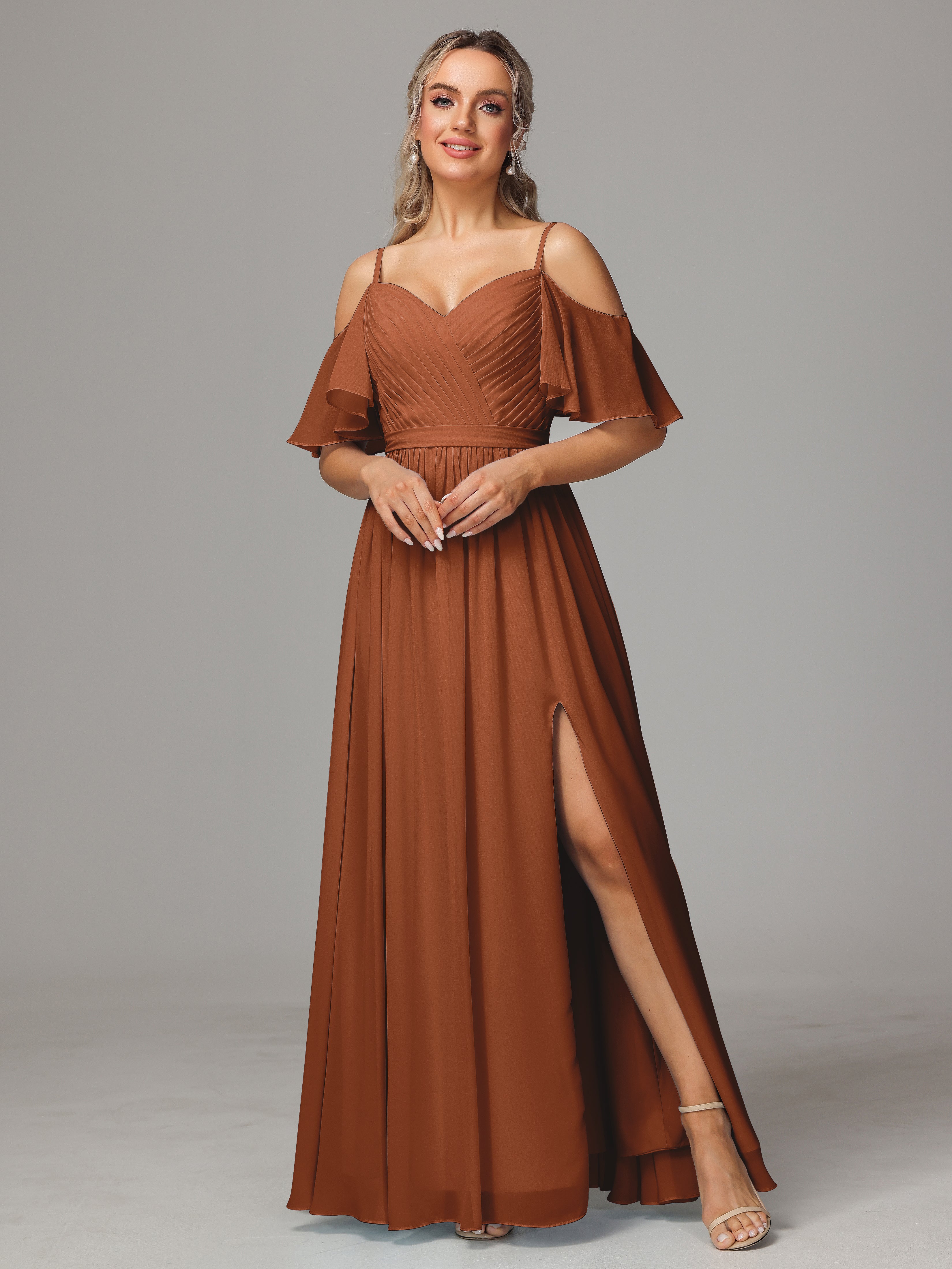Robe Demoiselle D Honneur Terre Cuite Accueil Froid Fendue Trapèze Mousseline Longue Robes Demoiselle D'Honneur Avec Plissé