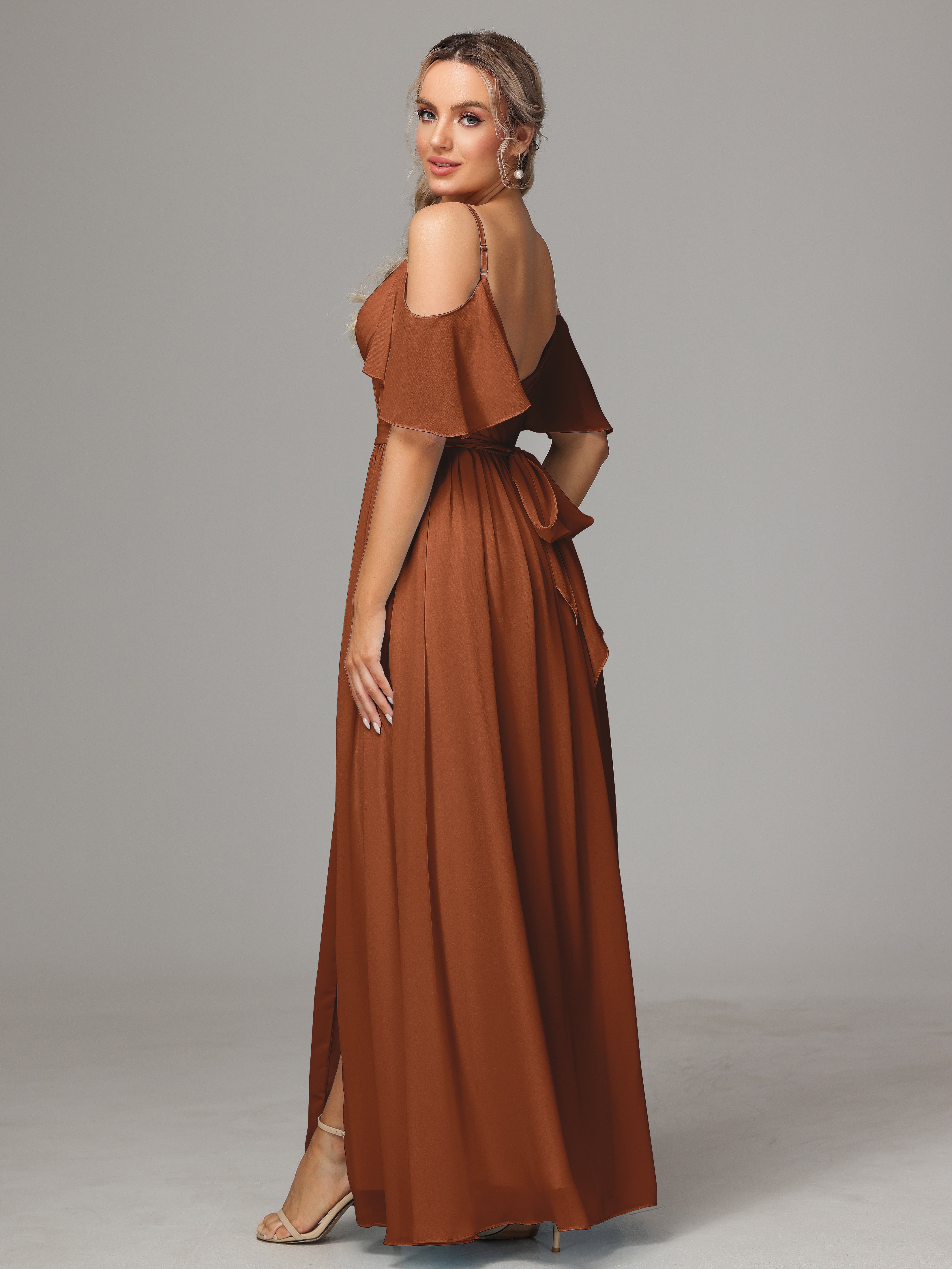 Robe Demoiselle D Honneur Terre Cuite Accueil Froid Fendue Trapèze Mousseline Longue Robes Demoiselle D'Honneur Avec Plissé