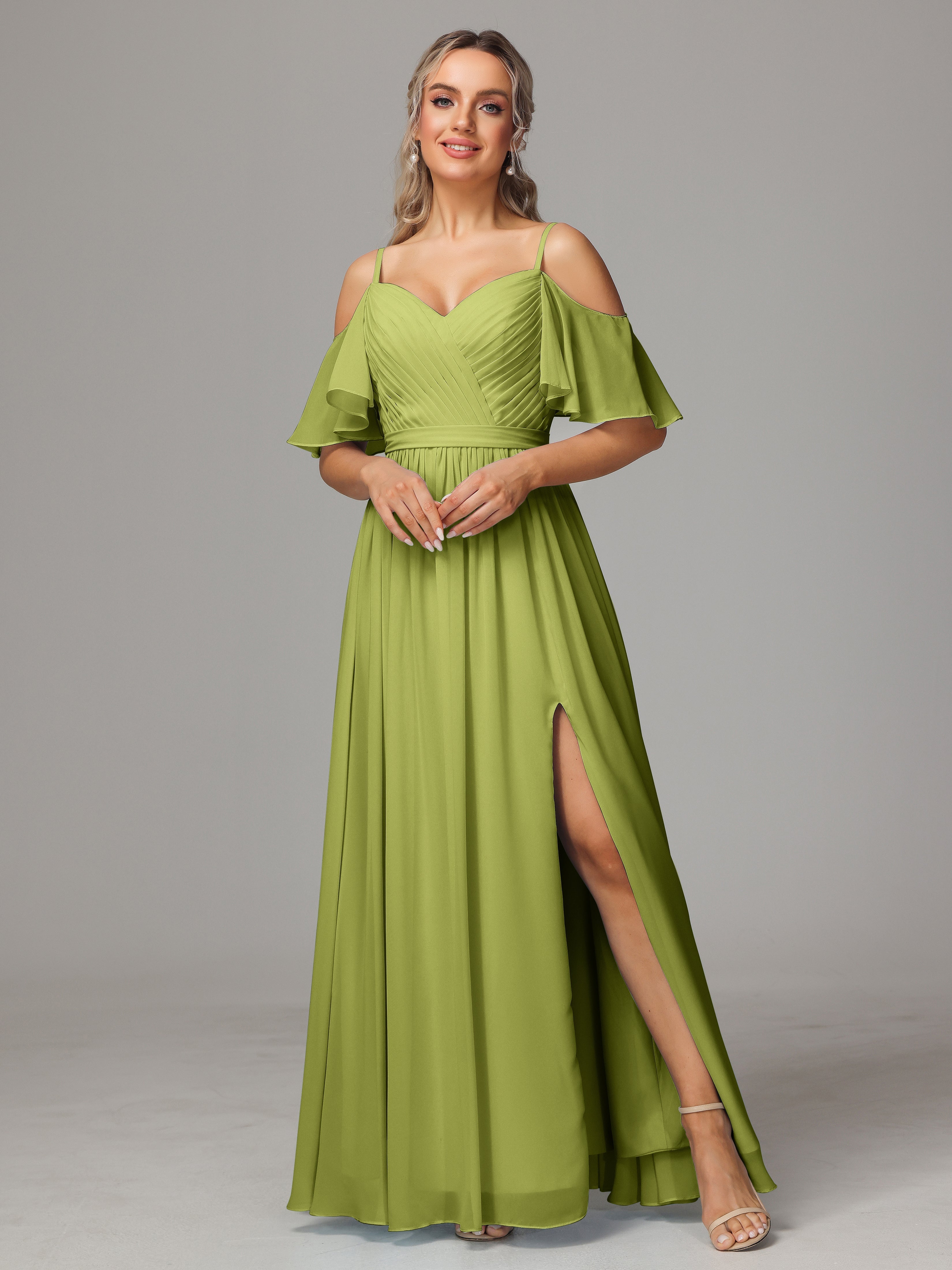Robes De Demoiselle D'Honneur Trèfle Avec Plissé Fendue Trapèze Mousseline Longue