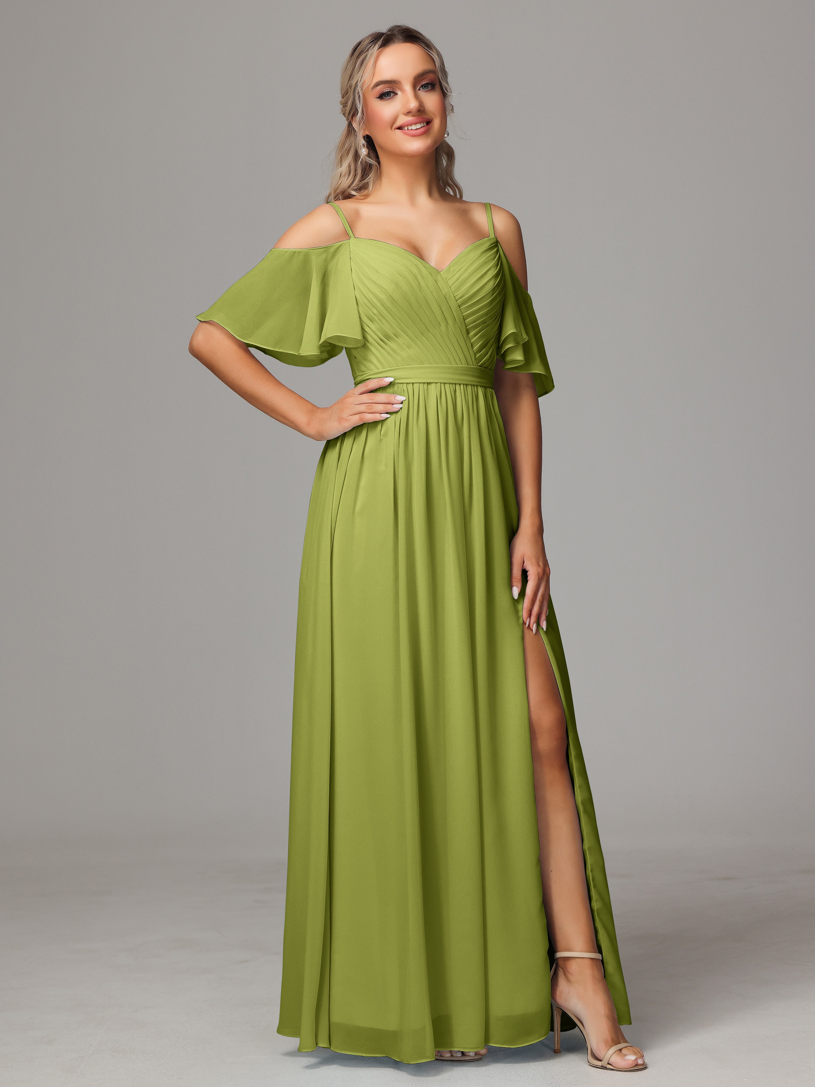 Robes De Demoiselle D'Honneur Trèfle Avec Plissé Fendue Trapèze Mousseline Longue