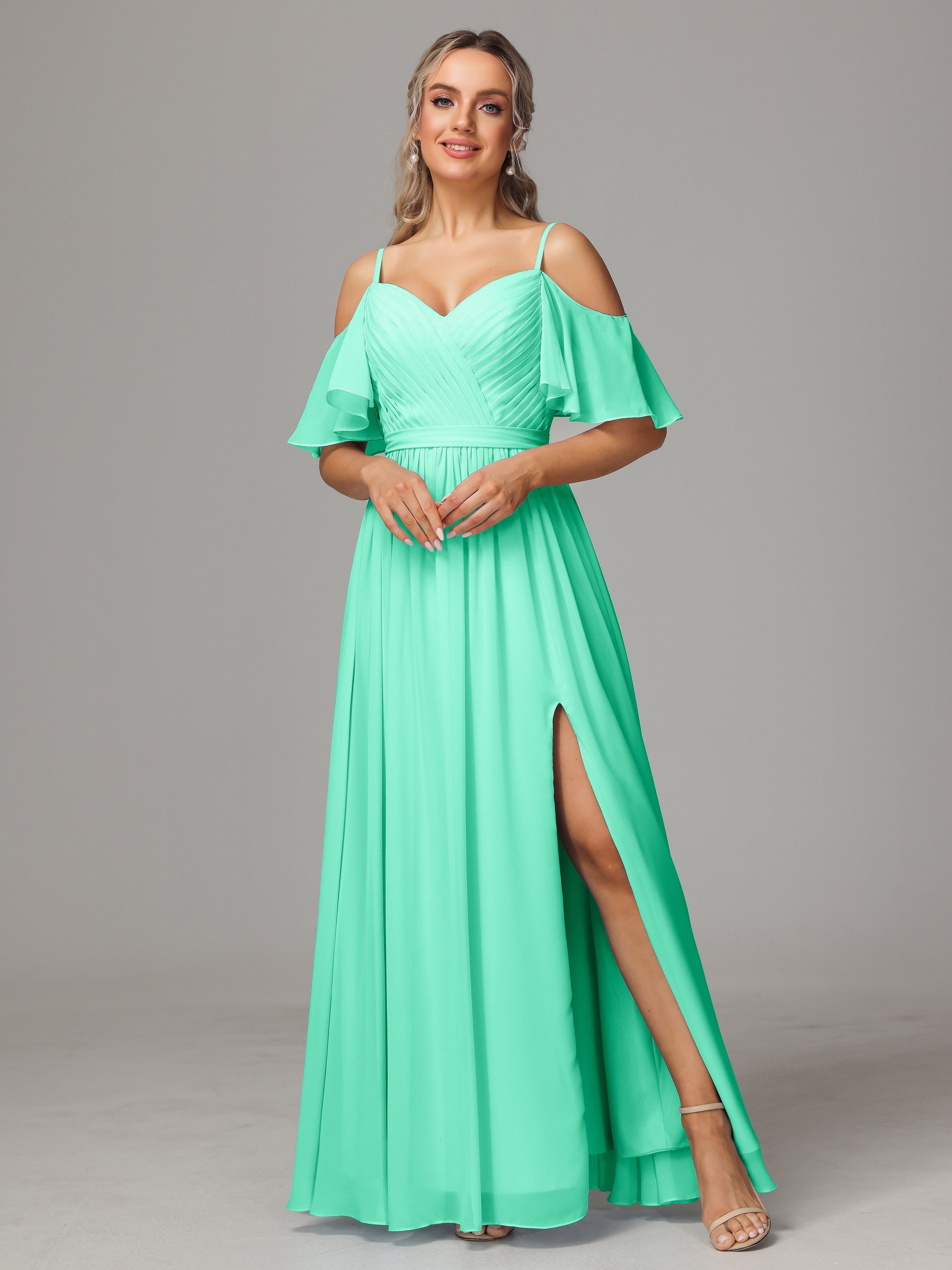 Robe Demoiselle D Honneur Bleu Turquoise Avec Plissé Fendue Trapèze Mousseline Longue