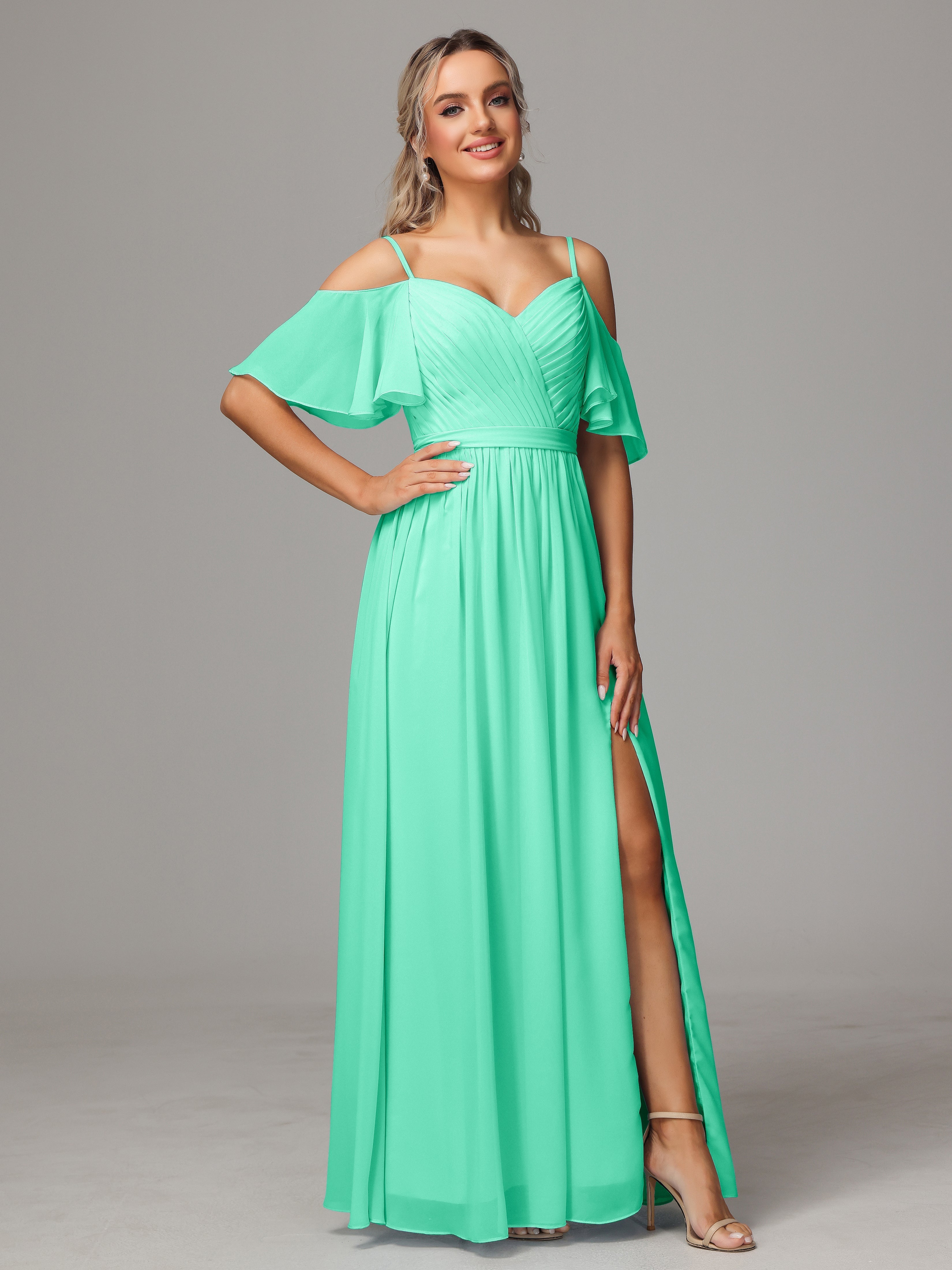 Robe Demoiselle D Honneur Bleu Turquoise Avec Plissé Fendue Trapèze Mousseline Longue