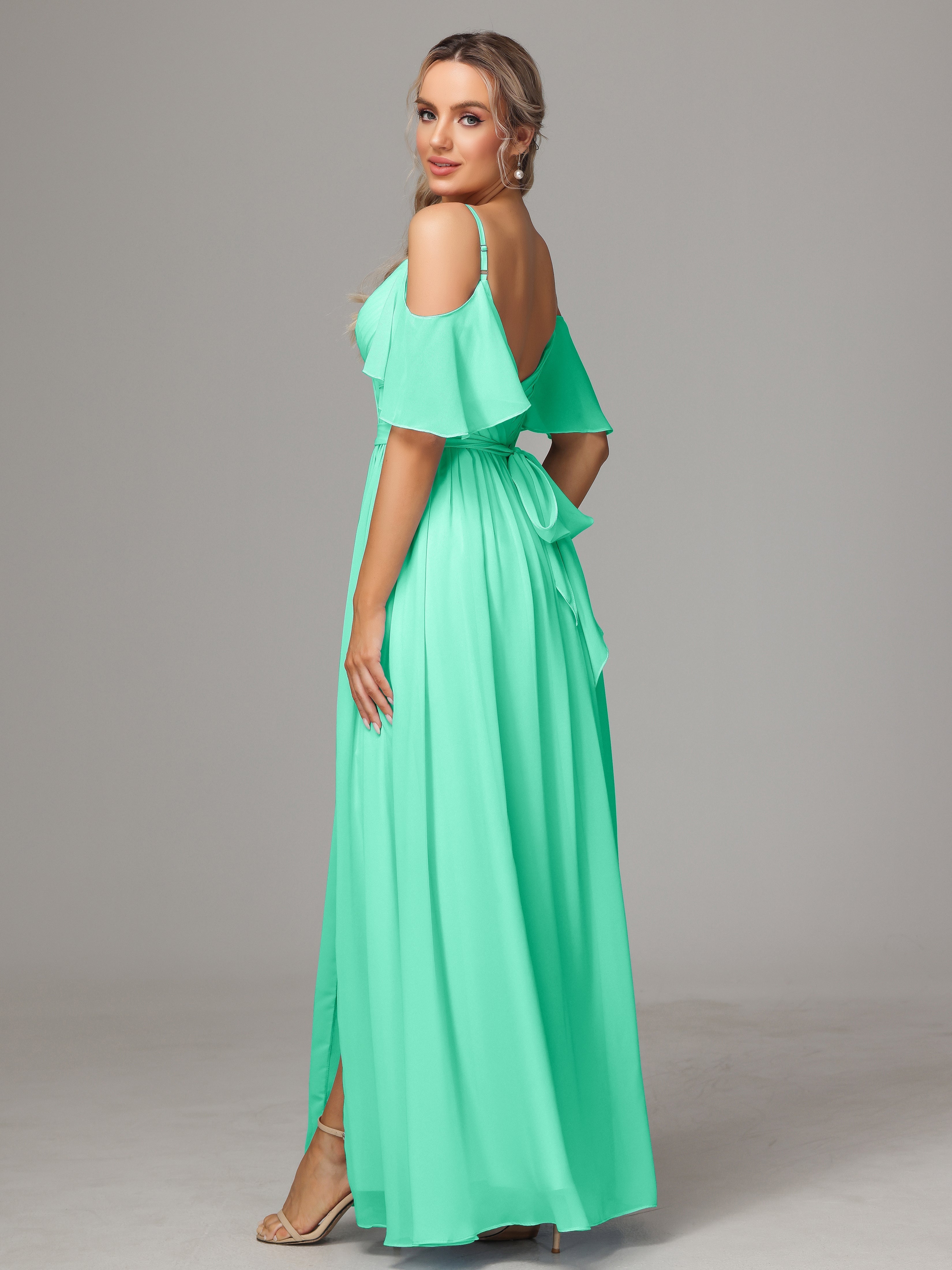 Robe Demoiselle D Honneur Bleu Turquoise Avec Plissé Fendue Trapèze Mousseline Longue