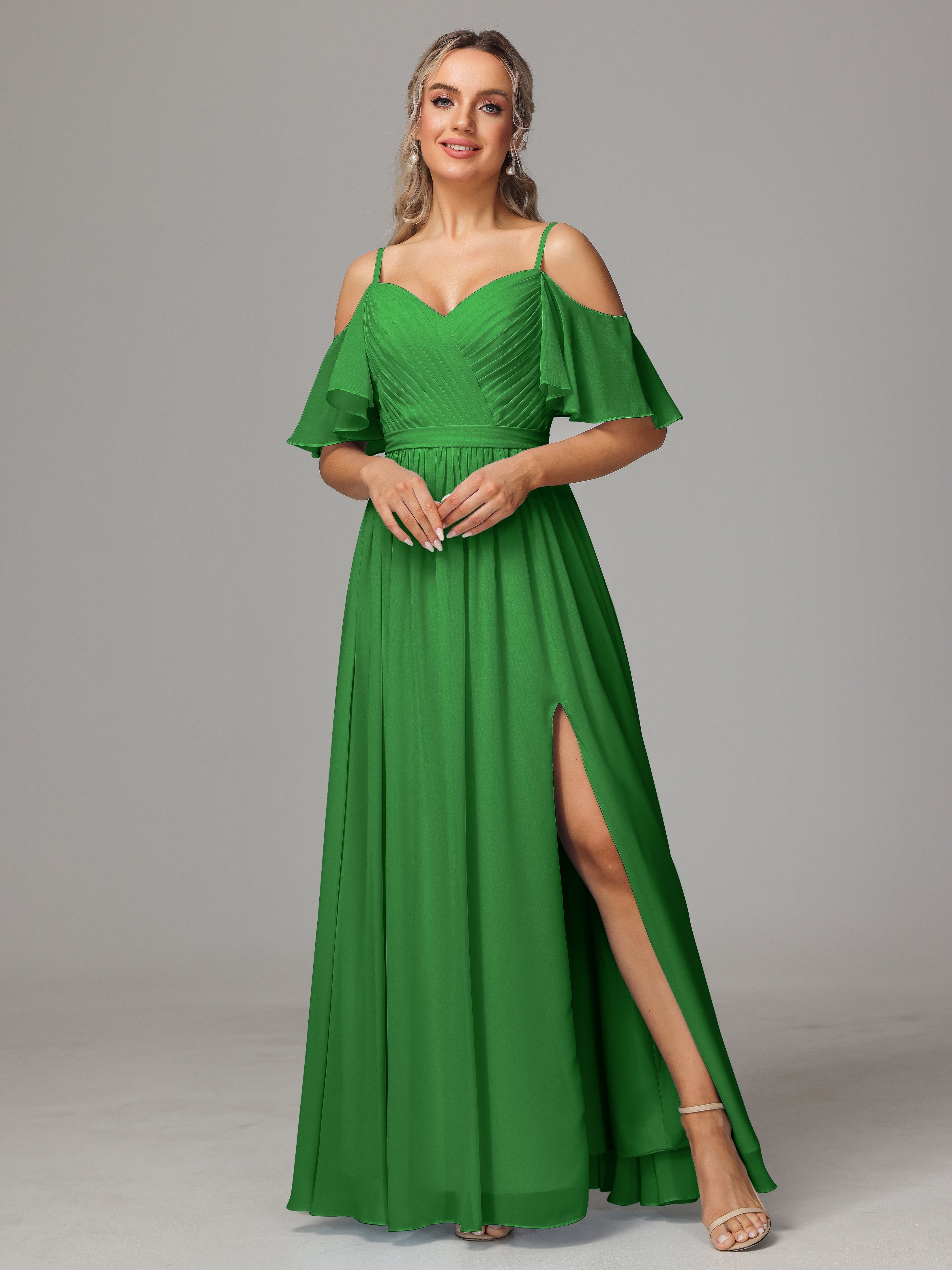 Robe Demoiselle D Honneur Vert Avec Plissé Fendue Trapèze Mousseline Longue