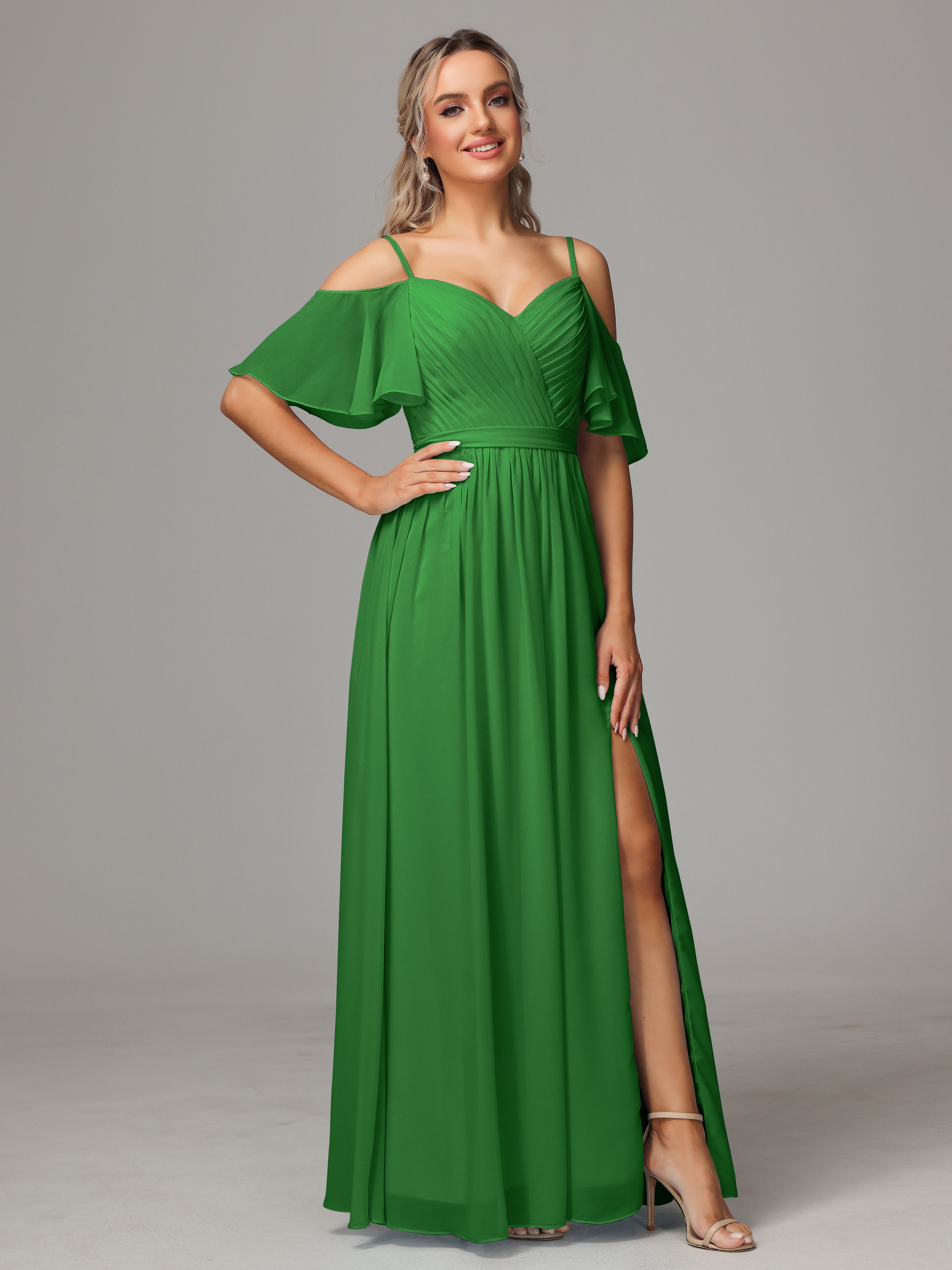 Robe Demoiselle D Honneur Vert Avec Plissé Fendue Trapèze Mousseline Longue