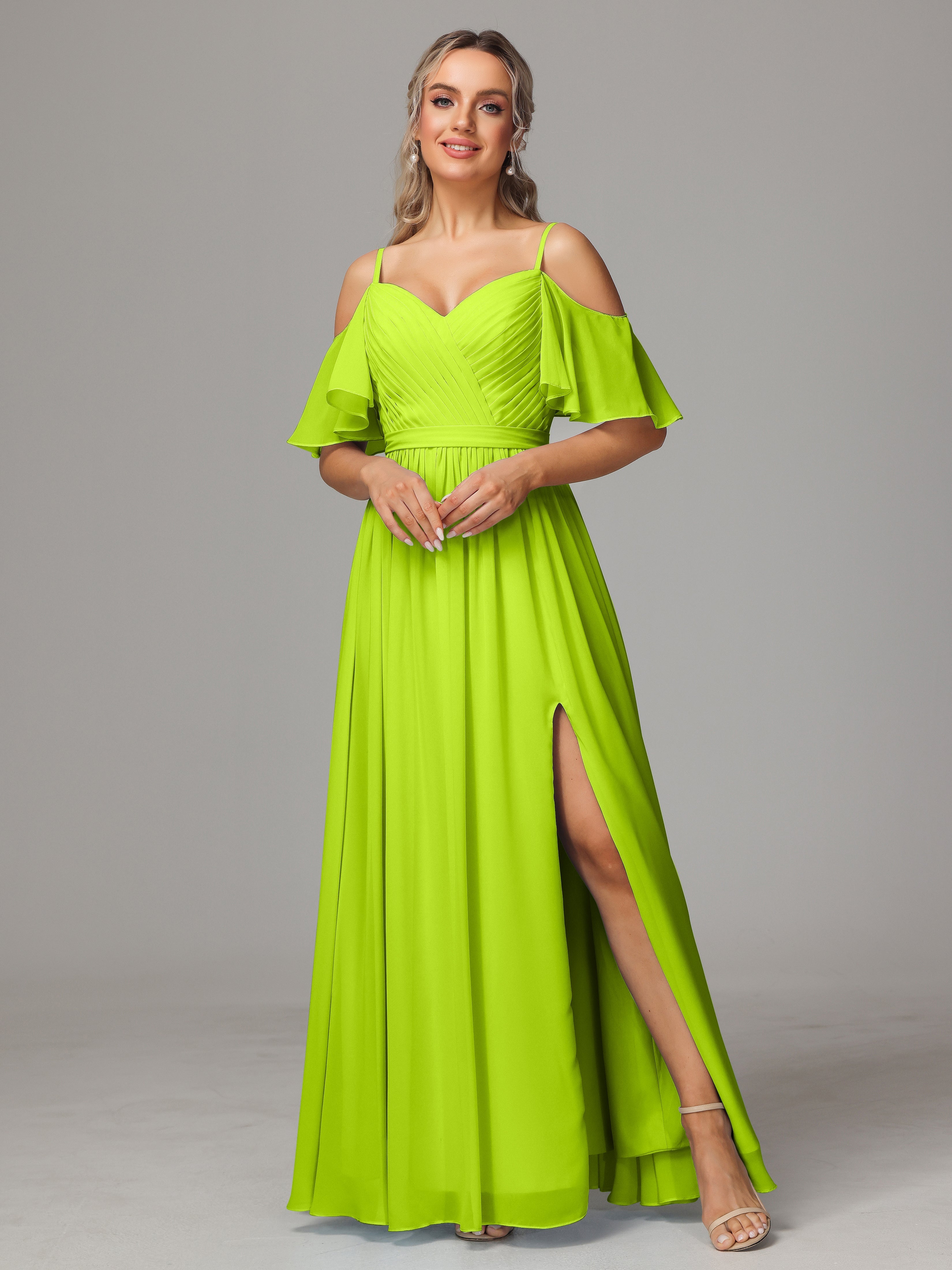Robes De Demoiselle D'Honneur Vert Citron Avec Plissé Fendue Trapèze Mousseline Longue