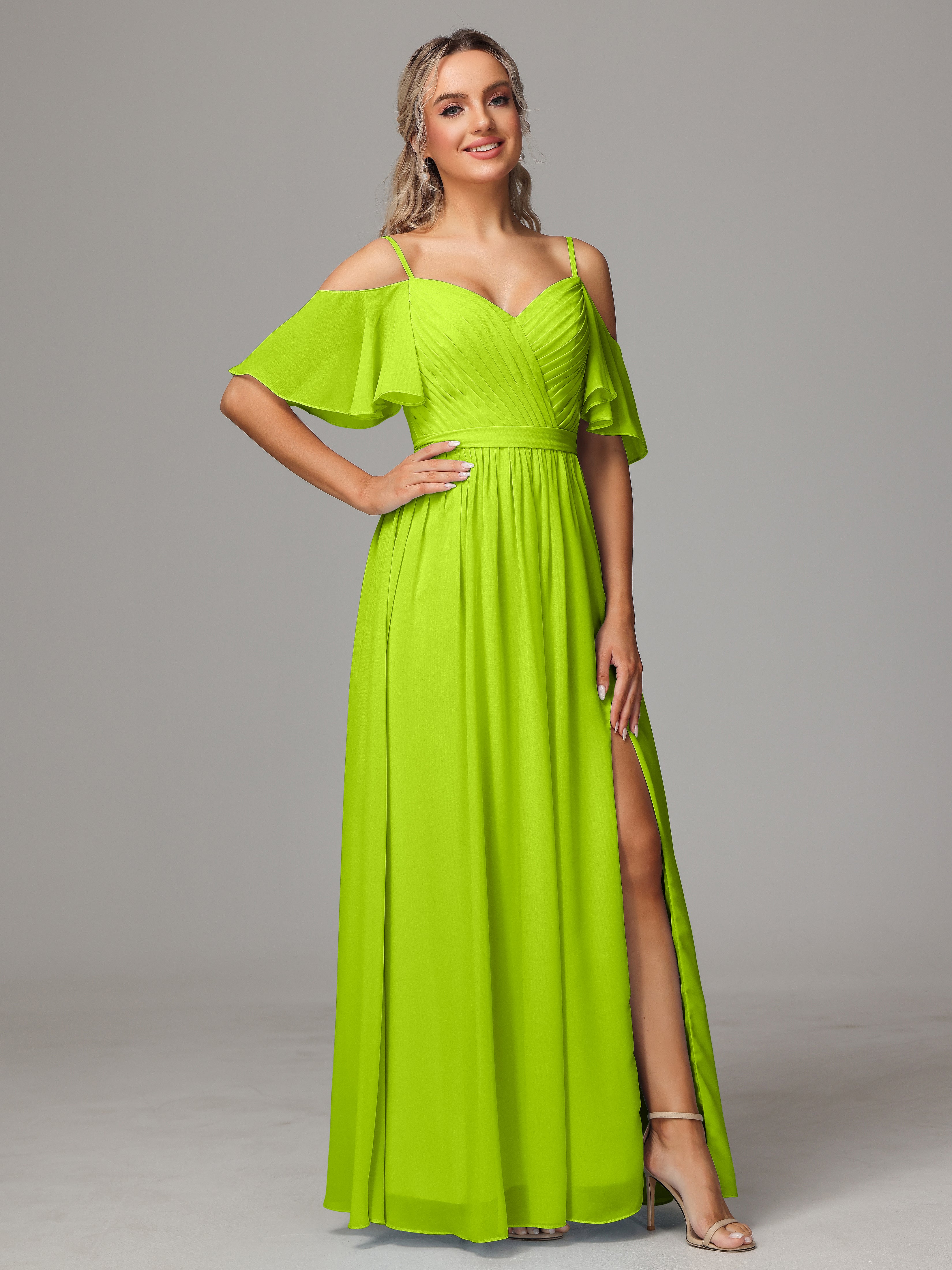 Robes De Demoiselle D'Honneur Vert Citron Avec Plissé Fendue Trapèze Mousseline Longue