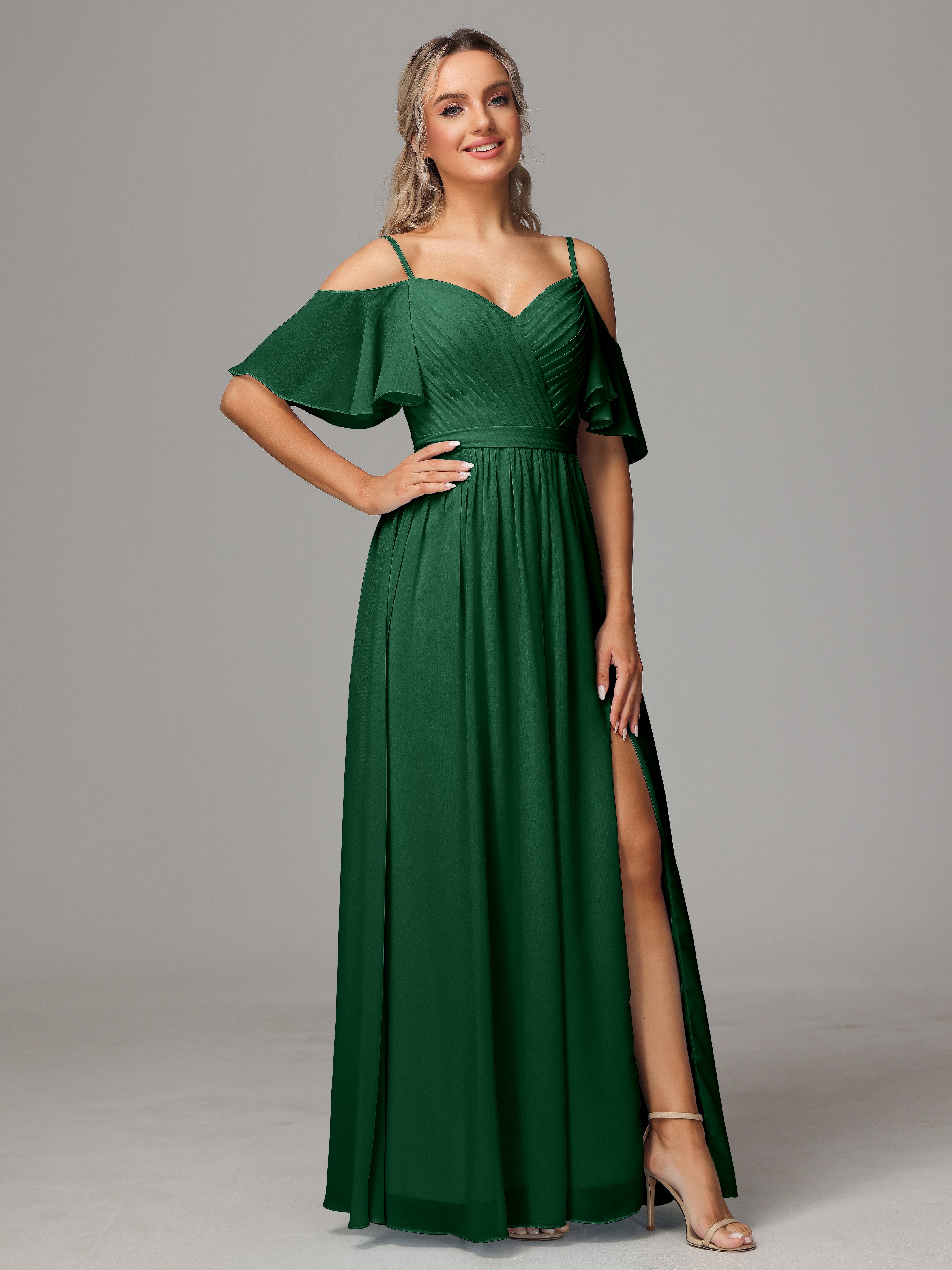 Demoiselle D'Honneur Vert Foncé Avec Plissé Fendue Trapèze Mousseline Longue