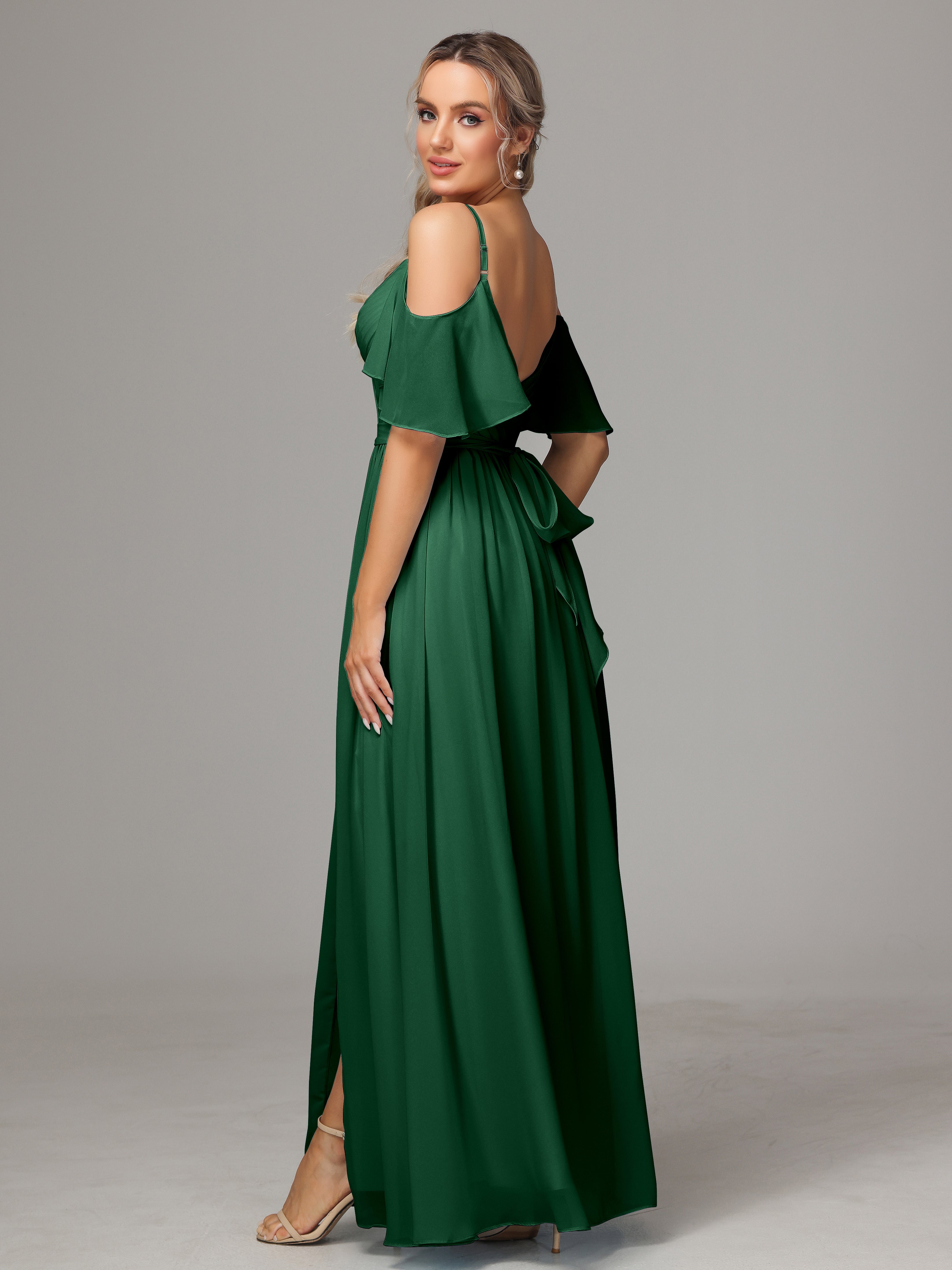 Demoiselle D'Honneur Vert Foncé Avec Plissé Fendue Trapèze Mousseline Longue