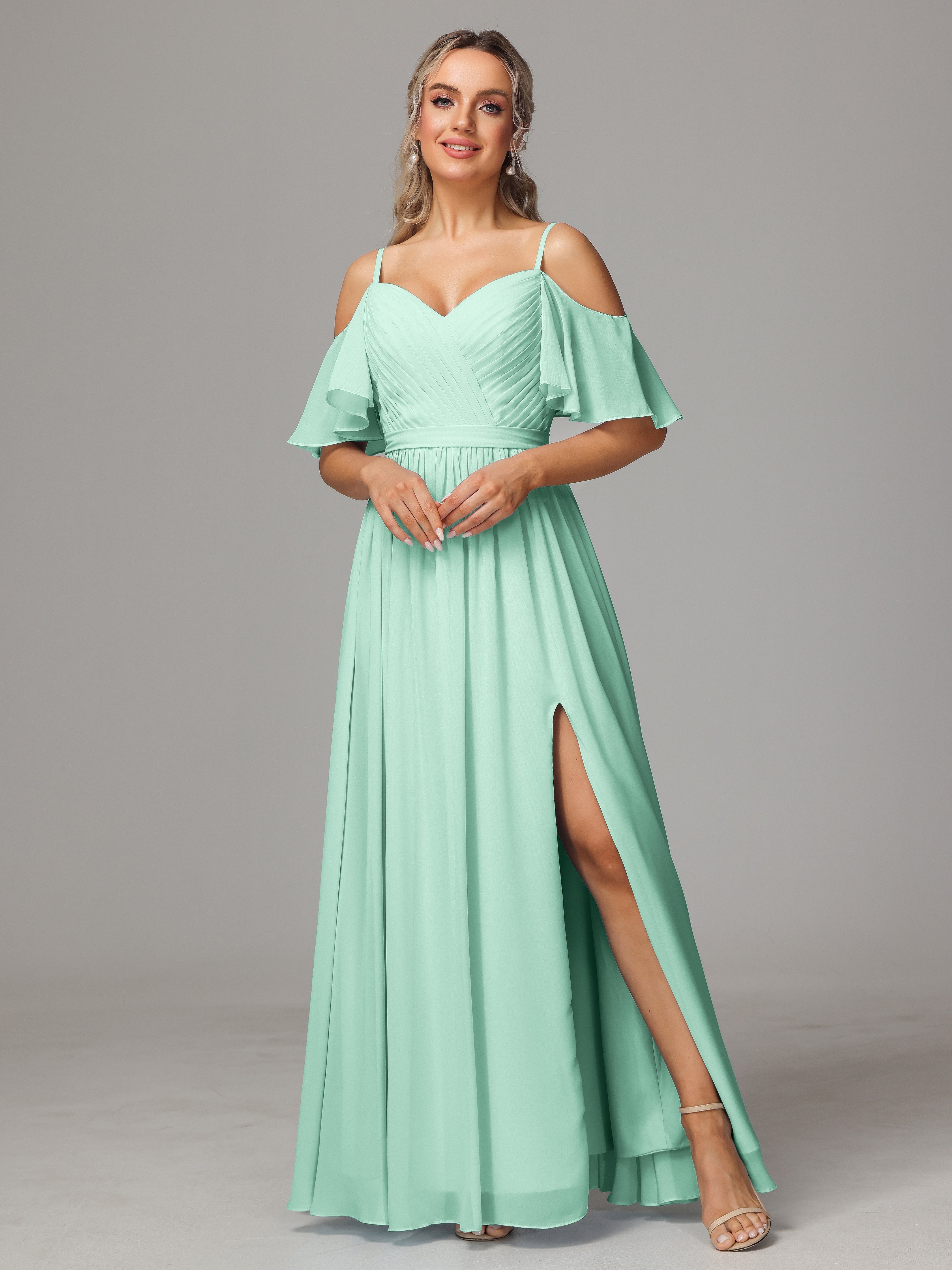 Robe Vert Menthe Demoiselle D Honneur Avec Plissé Fendue Trapèze Mousseline Longue