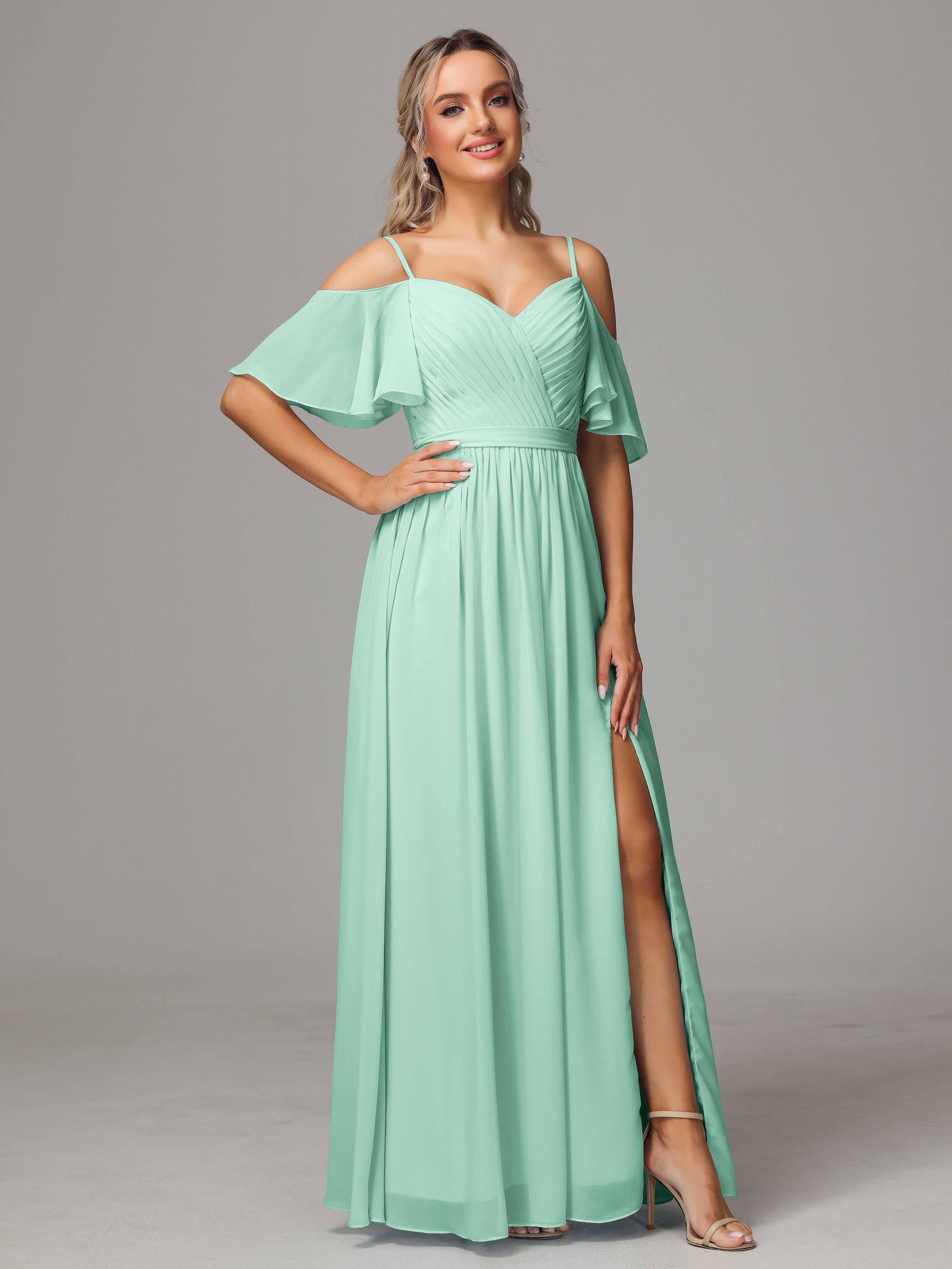 Robe Vert Menthe Demoiselle D Honneur Avec Plissé Fendue Trapèze Mousseline Longue