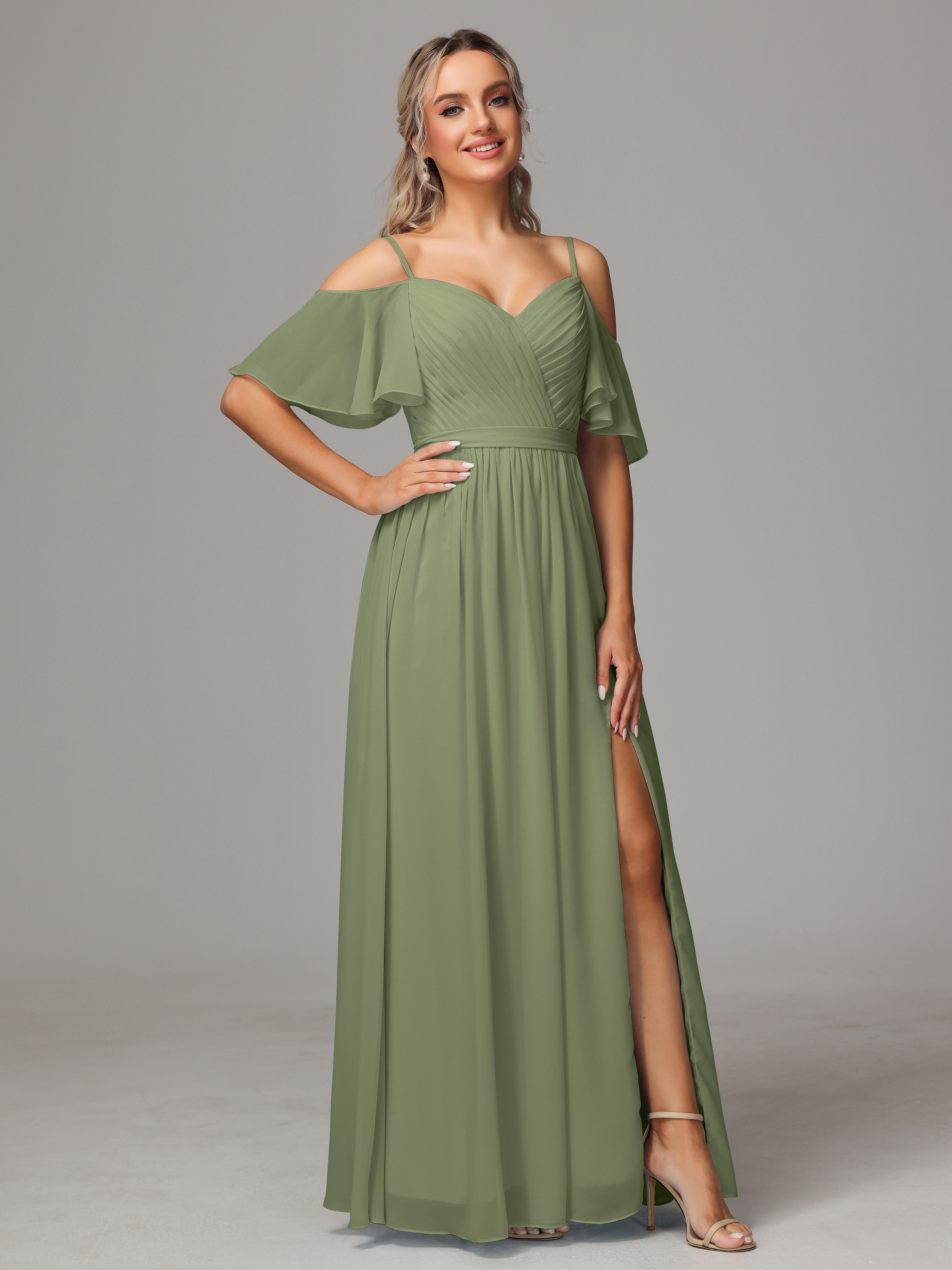 Robes De Demoiselle D'Honneur Vert Olive Fendue Trapèze Mousseline Longue Robes Demoiselle D'Honneur Avec Plissé