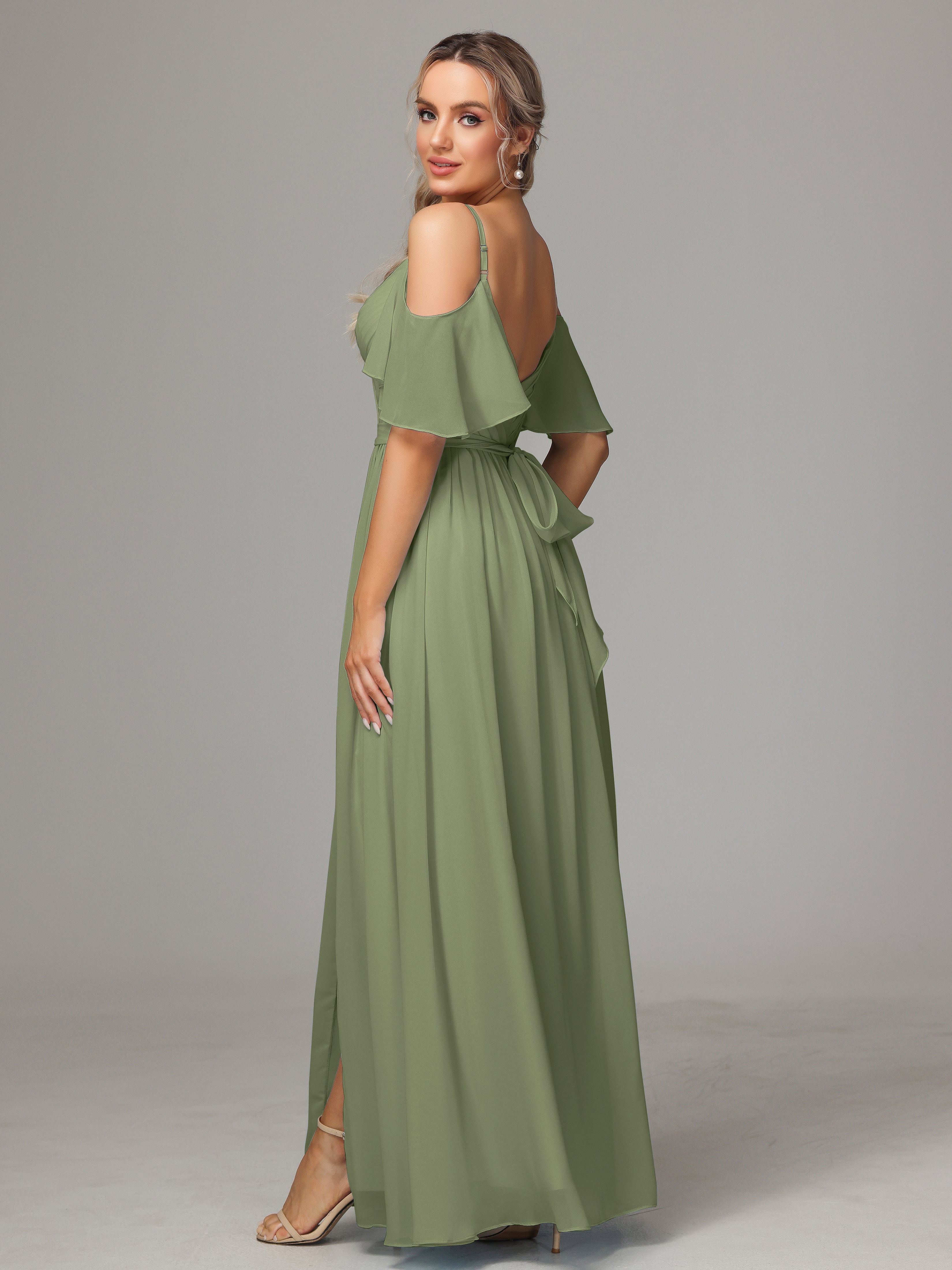 Robes De Demoiselle D'Honneur Vert Olive Fendue Trapèze Mousseline Longue Robes Demoiselle D'Honneur Avec Plissé