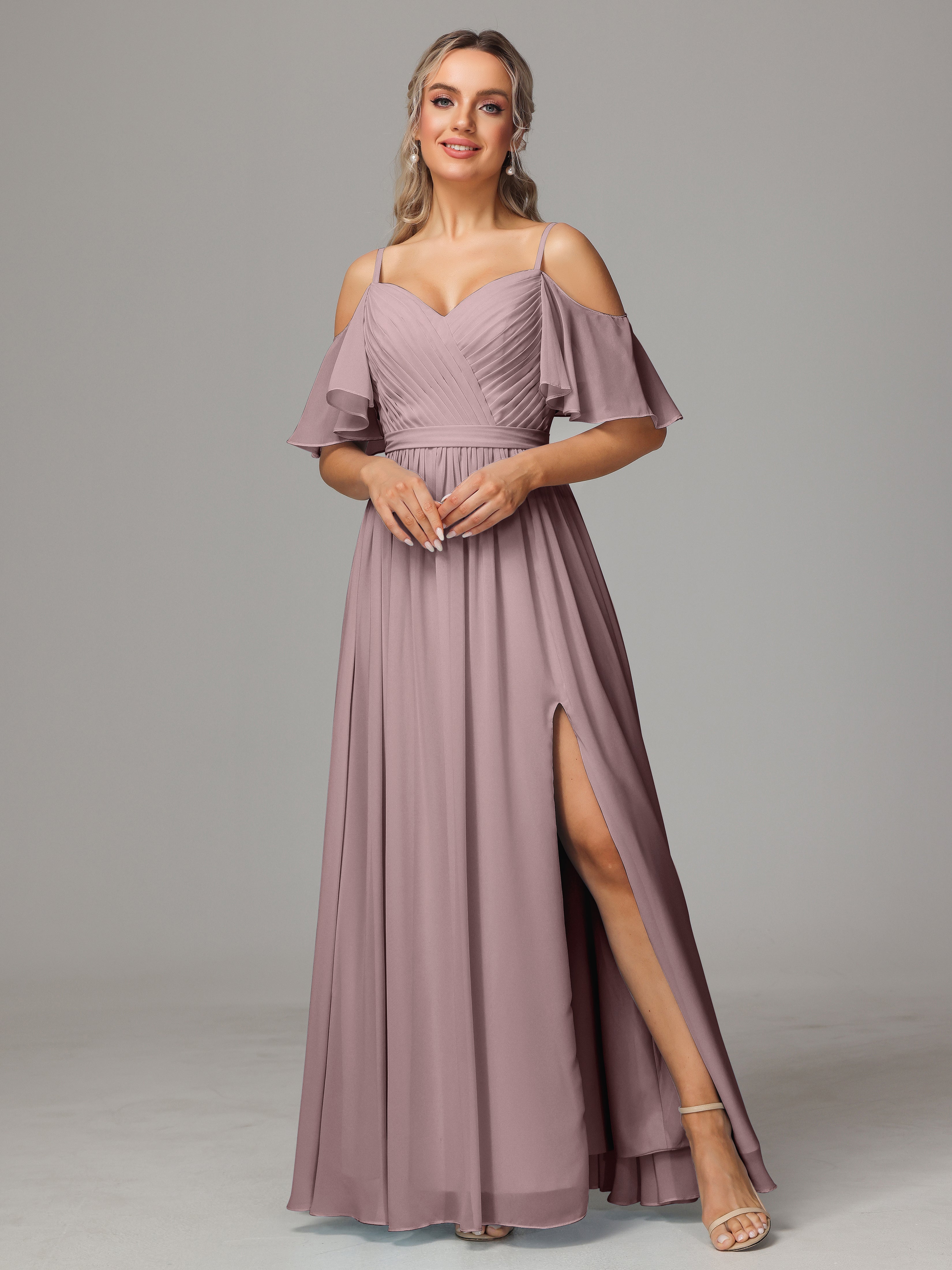 Robes De Demoiselle D'Honneur Vintage Mauve Avec Plissé Fendue Trapèze Mousseline Longue