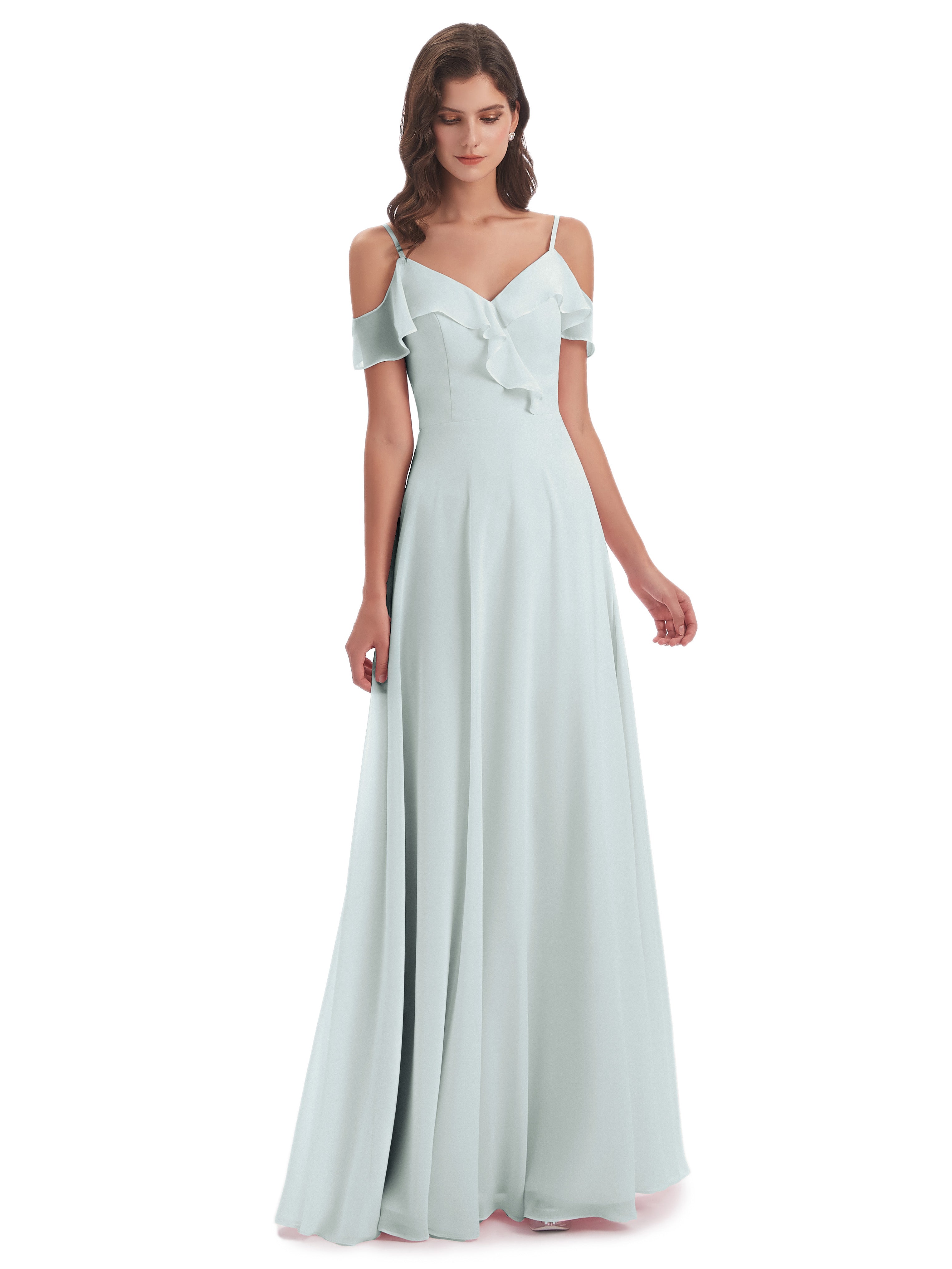 Robe Demoiselle D Honneur Vert Celadon Colonne Bretelle Mousseline Robes Demoiselle D'Honneur